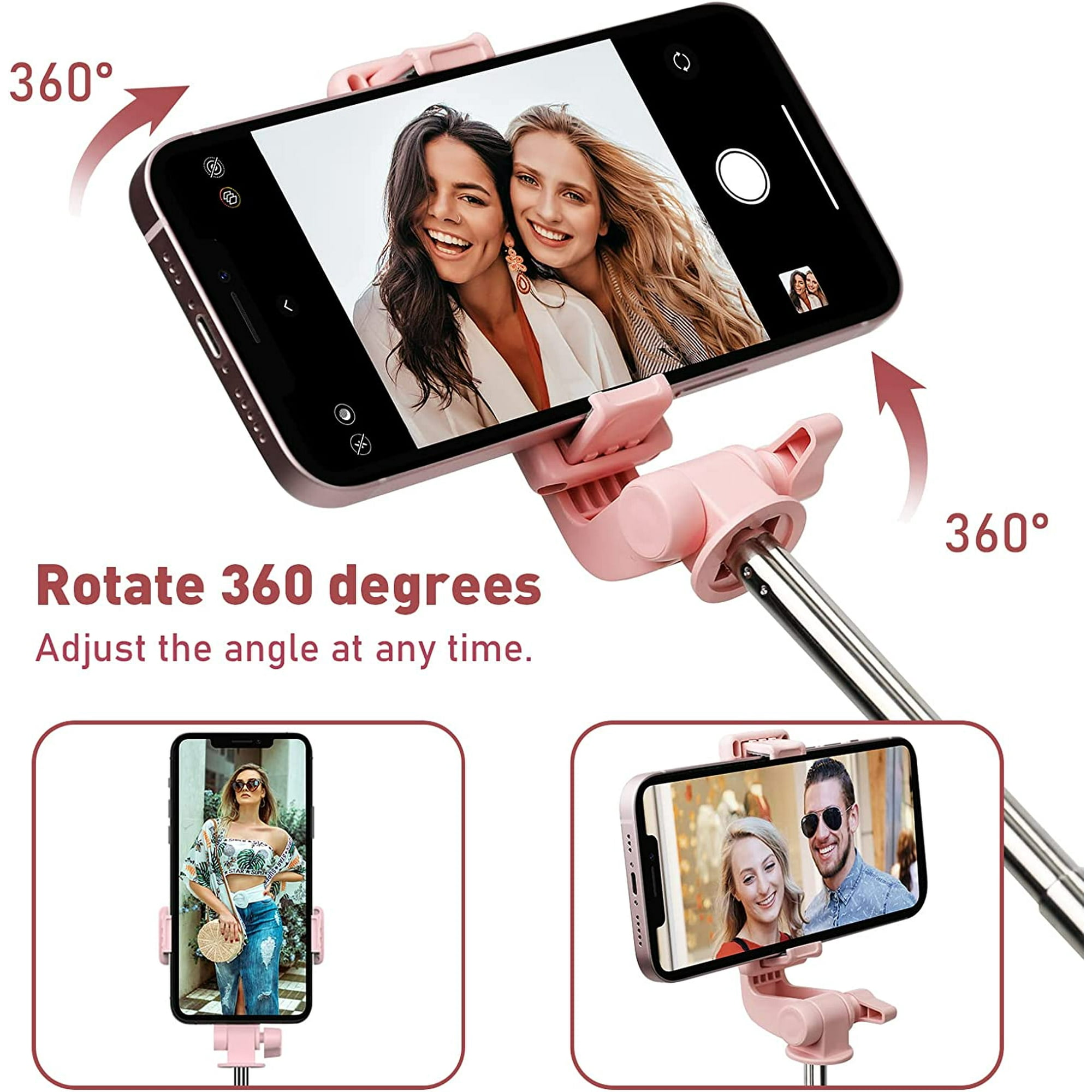 Pinker Selfie-Stick mit Handy, das lächelnde Frauen zeigt. 360 Grad drehbar.