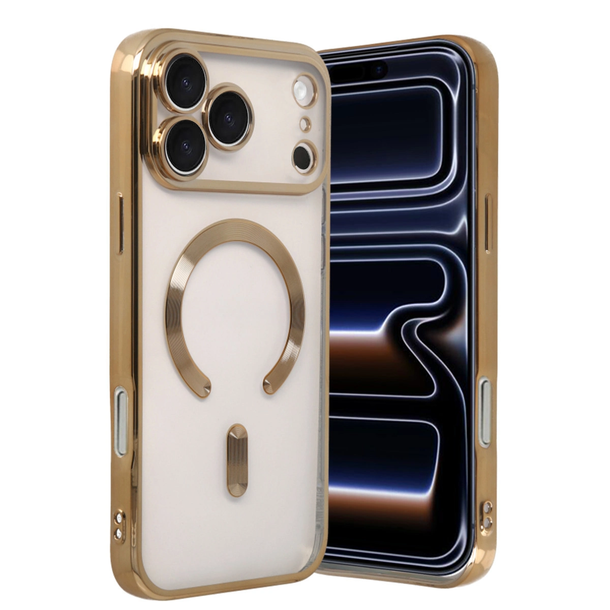 Altın rengi iPhone kılıfı, şeffaf arka ve manyetik halkalı.