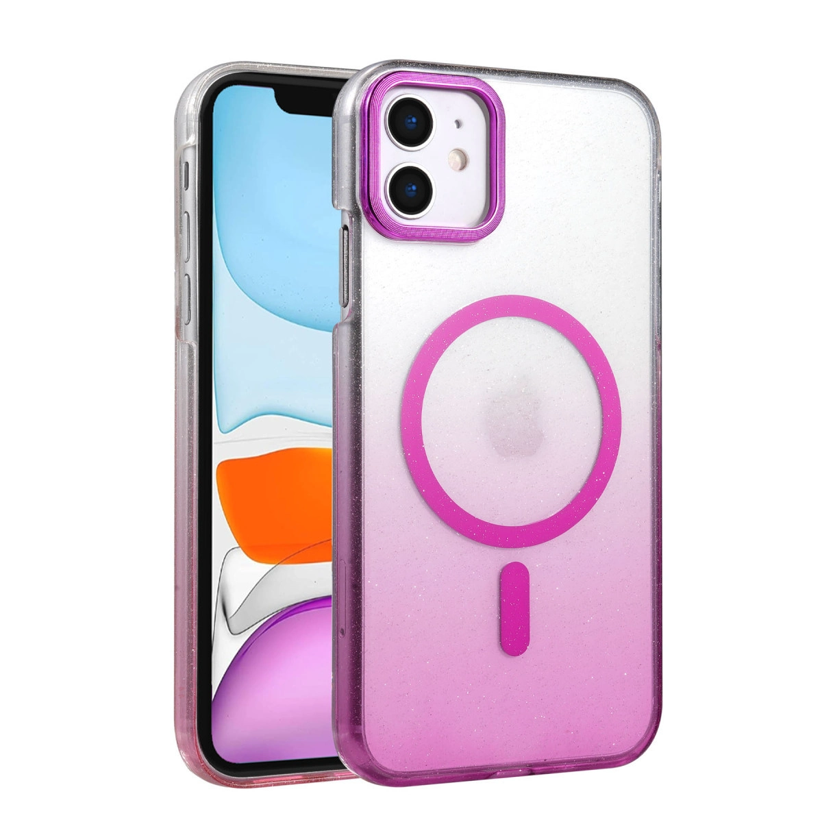 Pembe geçişli ve manyetik halkalı şeffaf iPhone kılıfı.