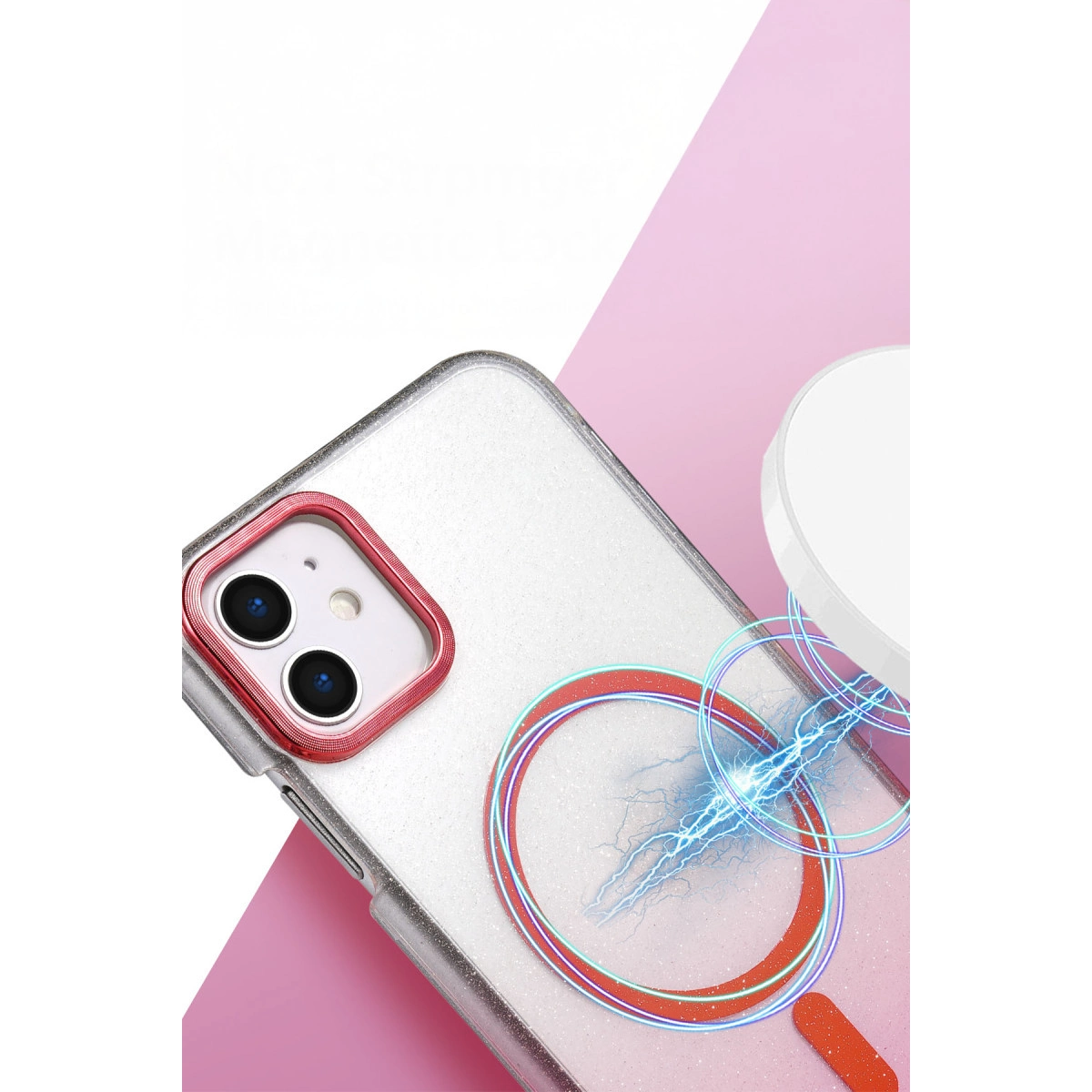 Mıknatıslı halkalar ve şimşek gösteren şeffaf kılıflı beyaz iPhone.