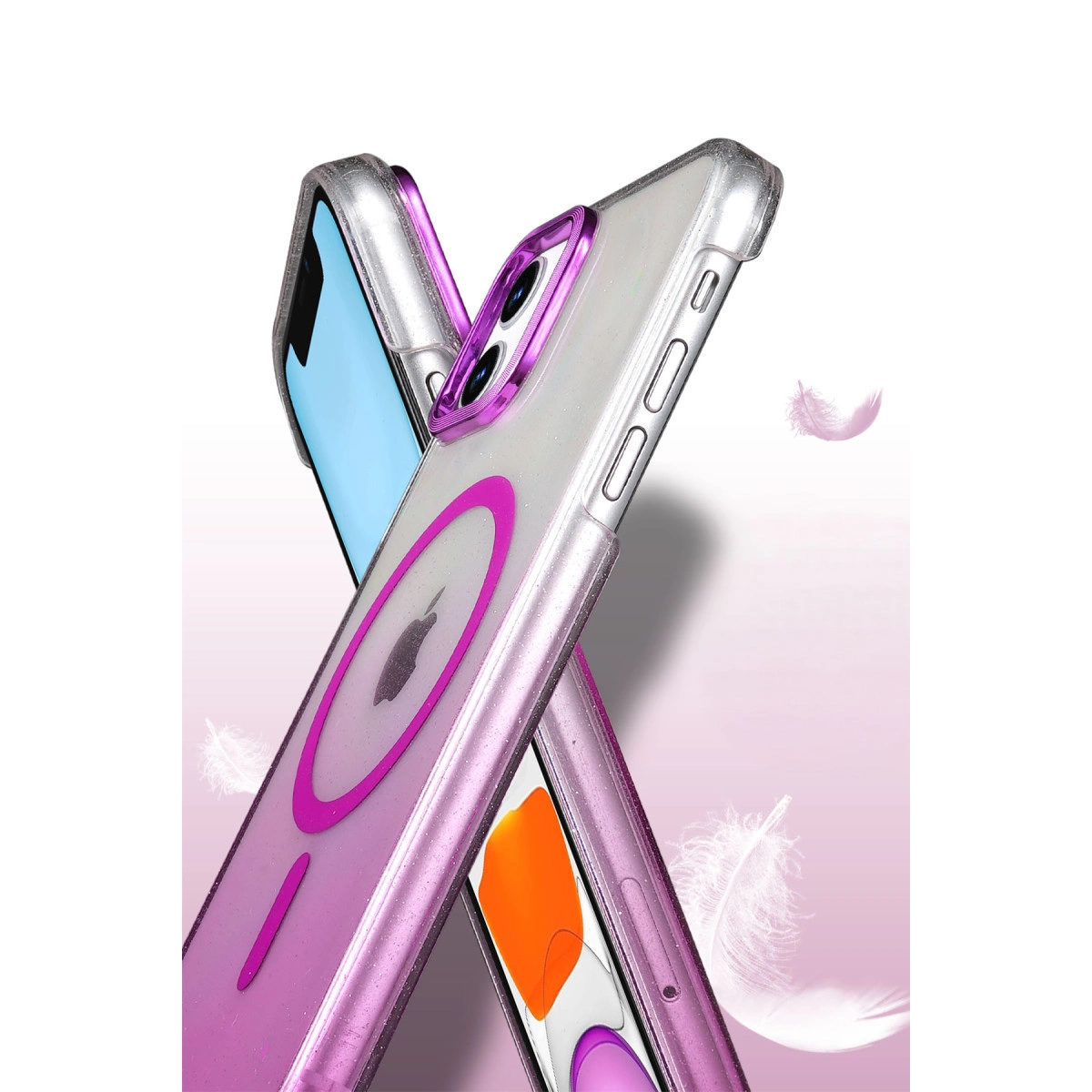 Apple logosu olan şeffaf, simli mor iki telefon kılıfı.