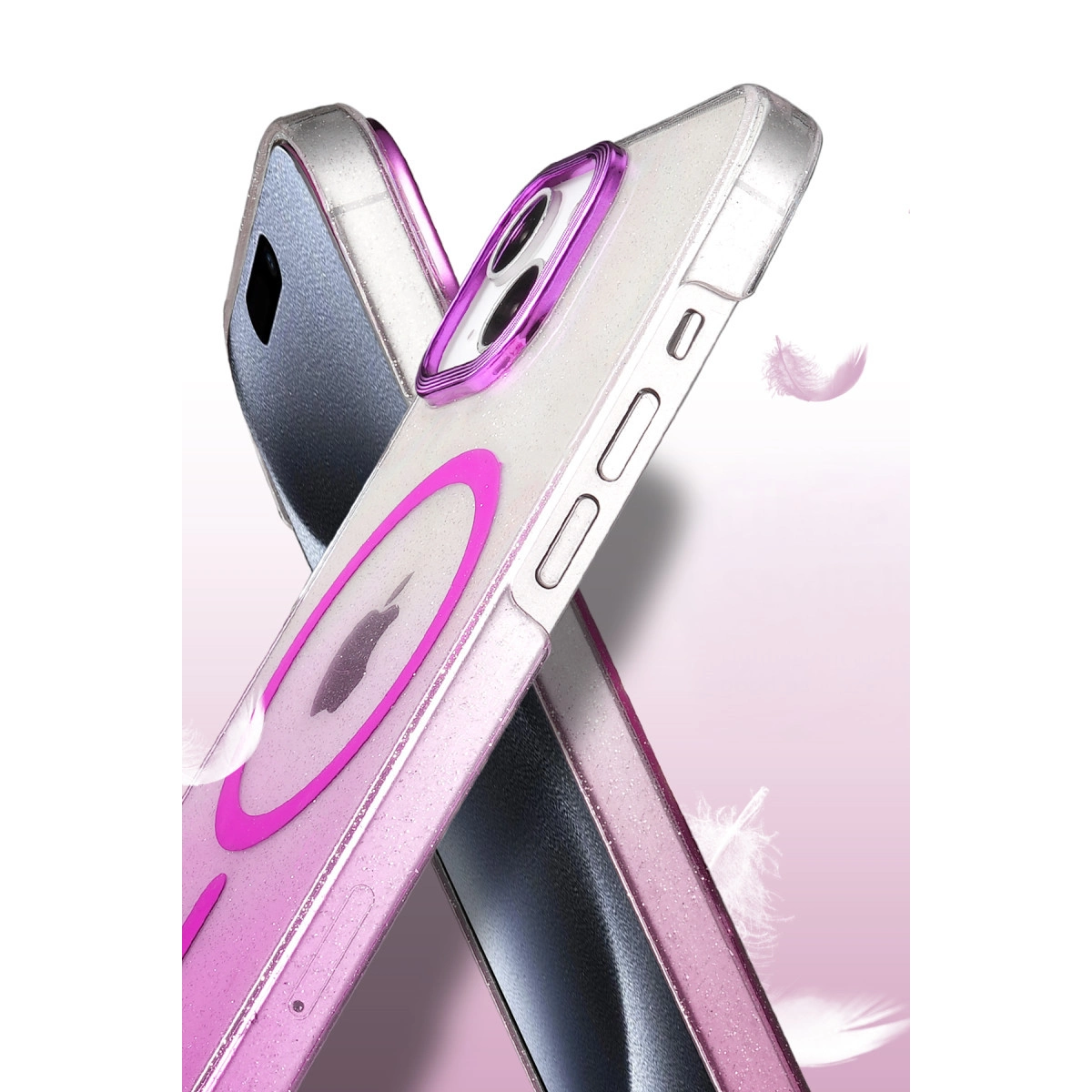 Pembe vurgulu şeffaf simli telefon kılıfı, Apple logosunu gösterir.
