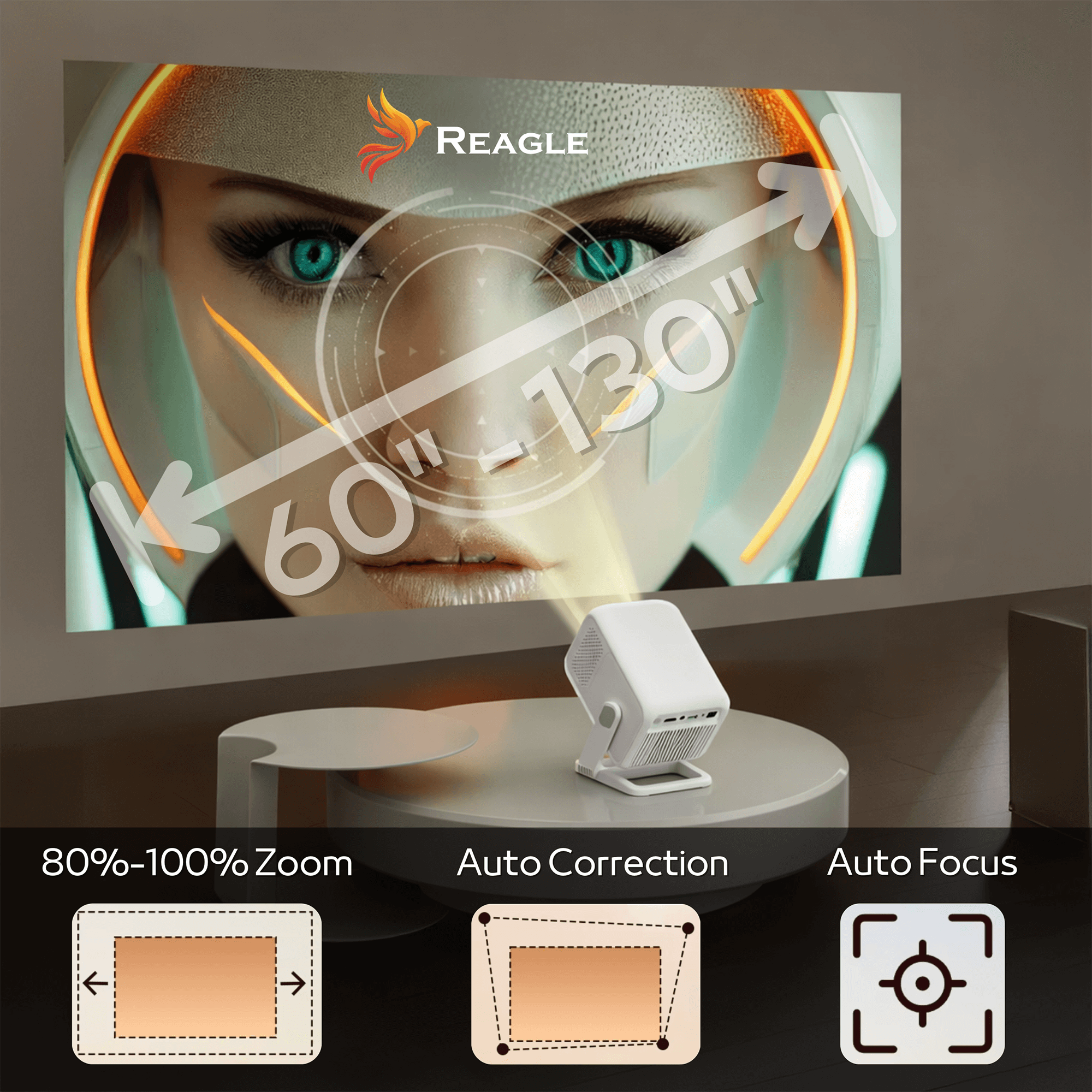 Biały projektor wyświetla twarz kobiety z niebieskimi oczami, 60-130 cali.