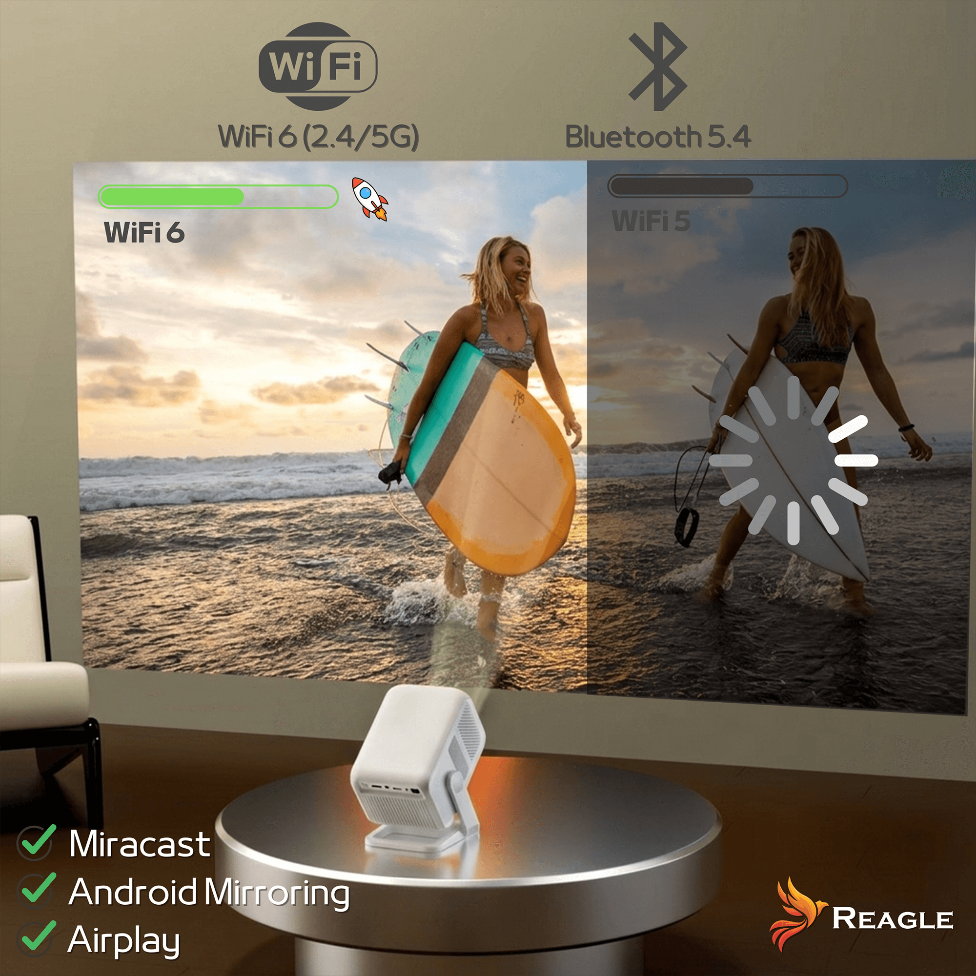 Projektor wyświetla kobietę z deską surfingową na plaży. WiFi 6/5, Bluetooth 5.4.