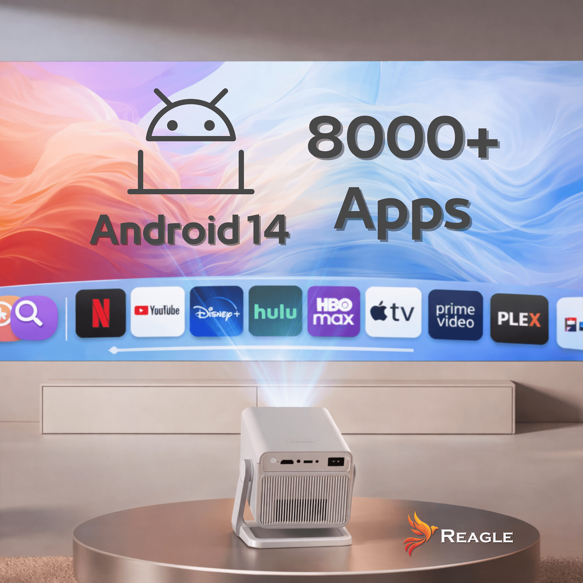 Biały projektor rzuca światło na ekran z systemem Android 14 i ponad 8000 aplikacji.