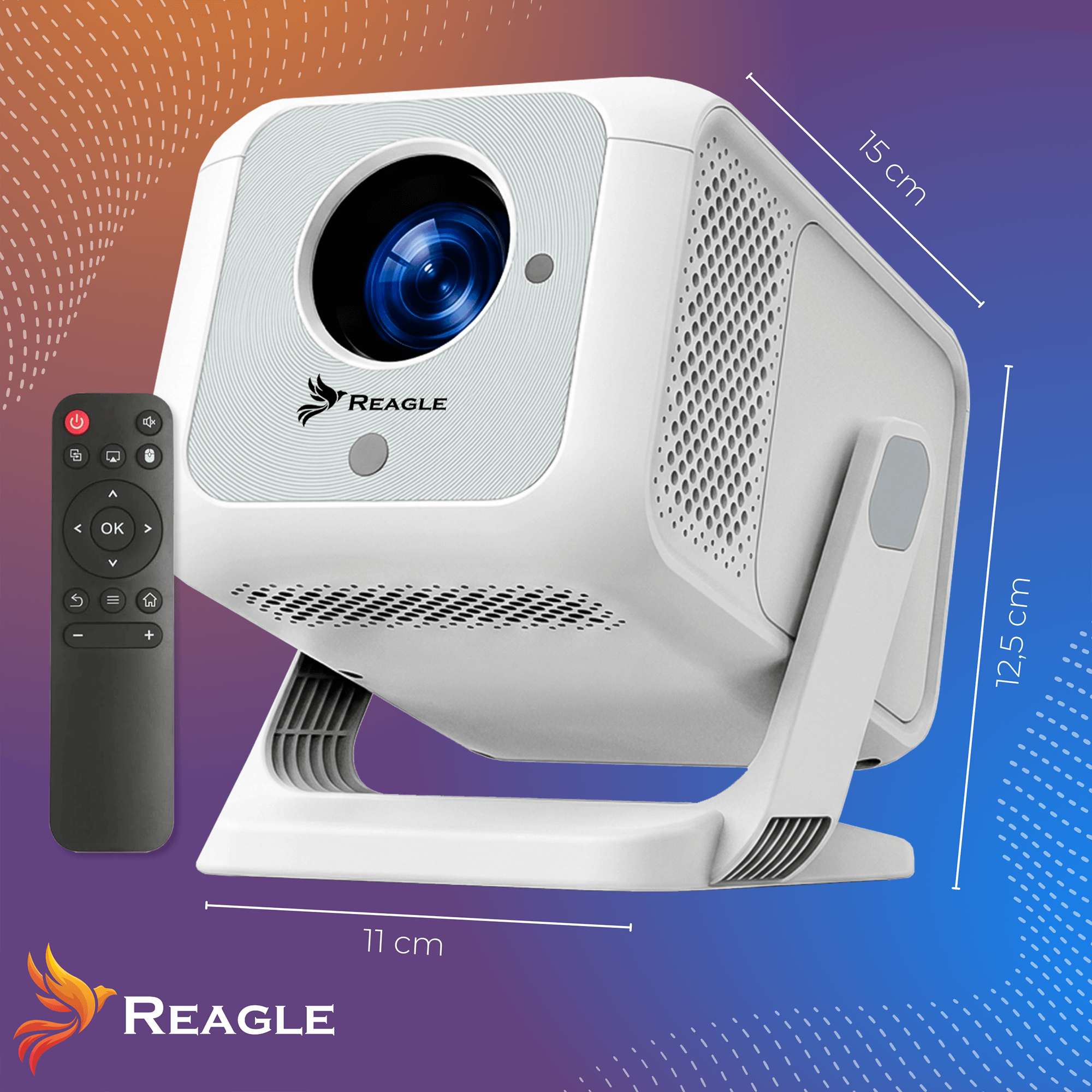 Biały projektor z pilotem i pokazanymi wymiarami.