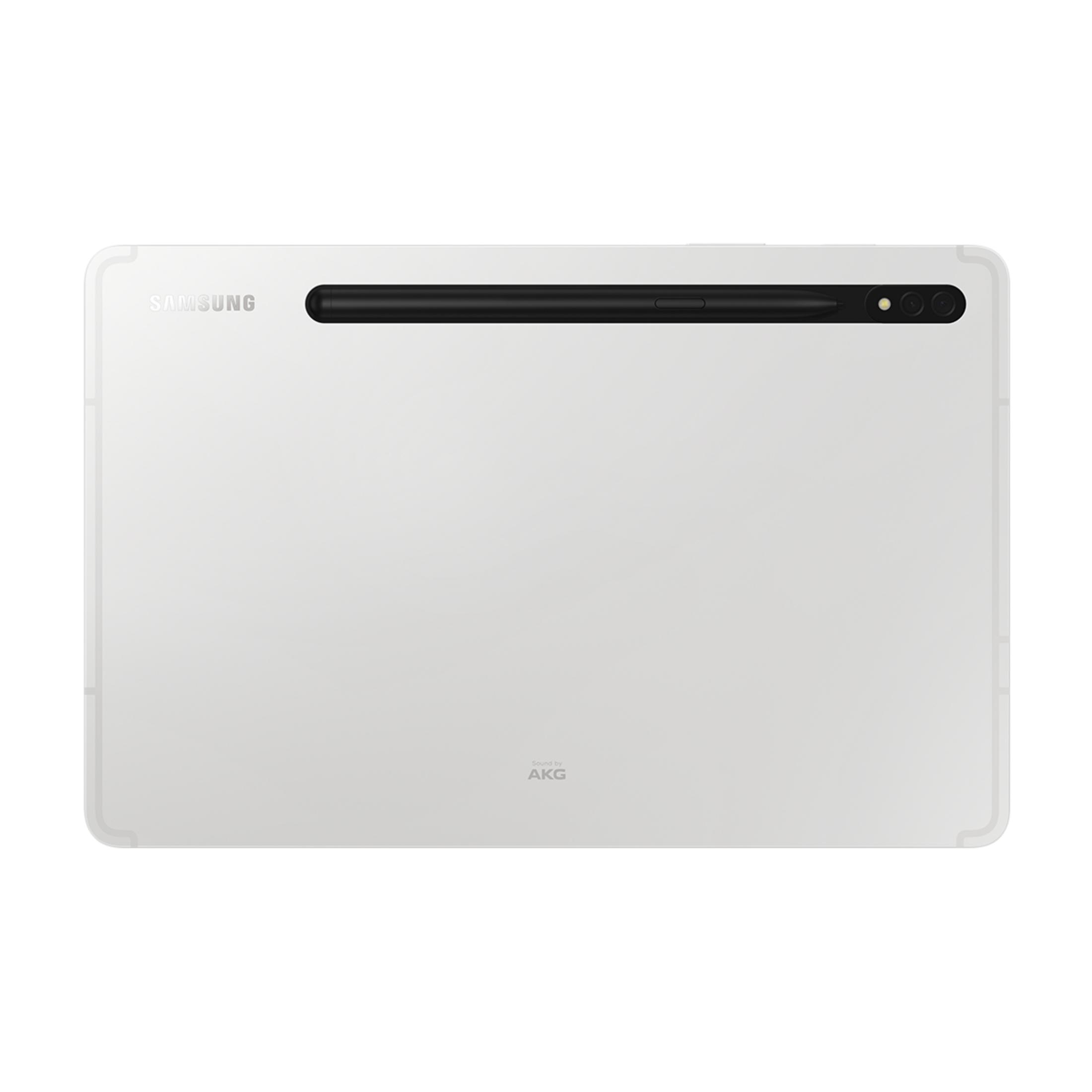 Arkasına siyah stylus takılmış beyaz bir Samsung tablet.