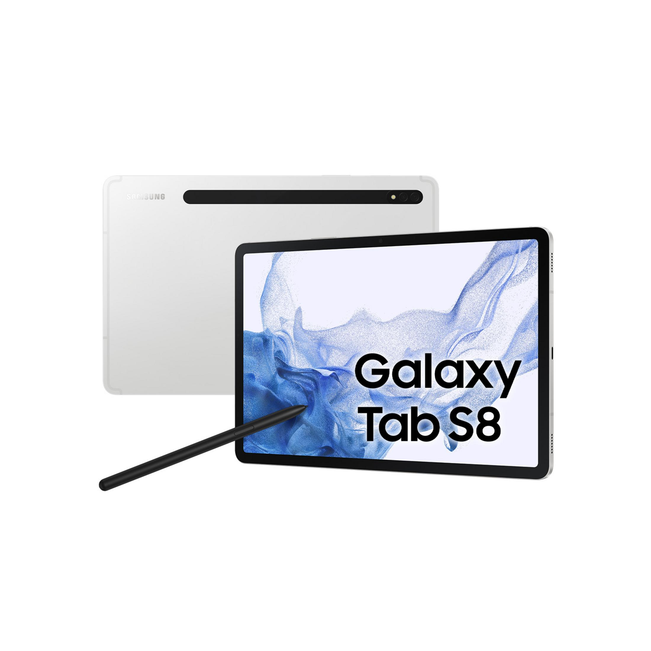 Beyaz arka plan üzerinde kalemli beyaz Samsung Galaxy Tab S8.