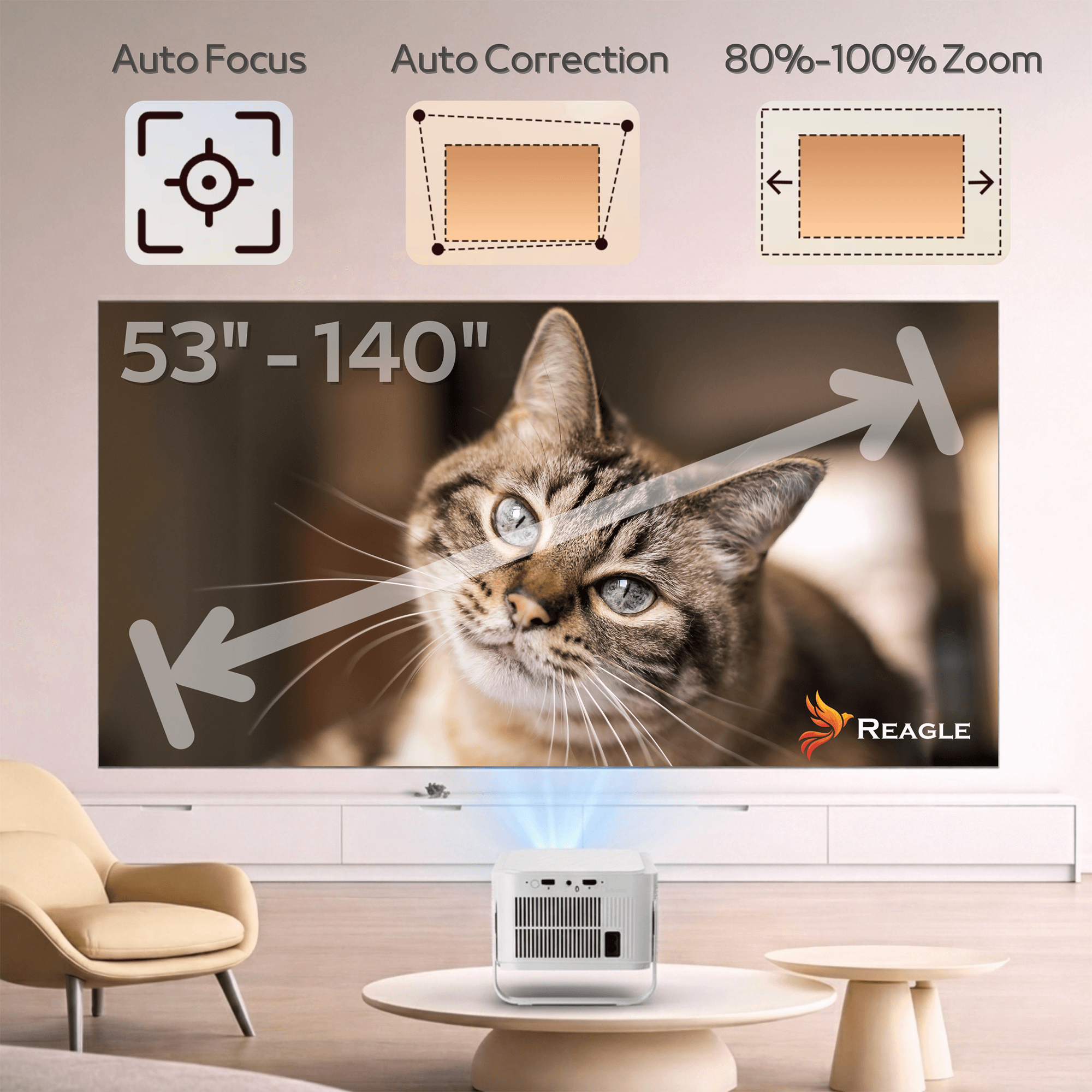 Projektor wyświetla kota na dużym ekranie, podkreślając autofokus i zoom.