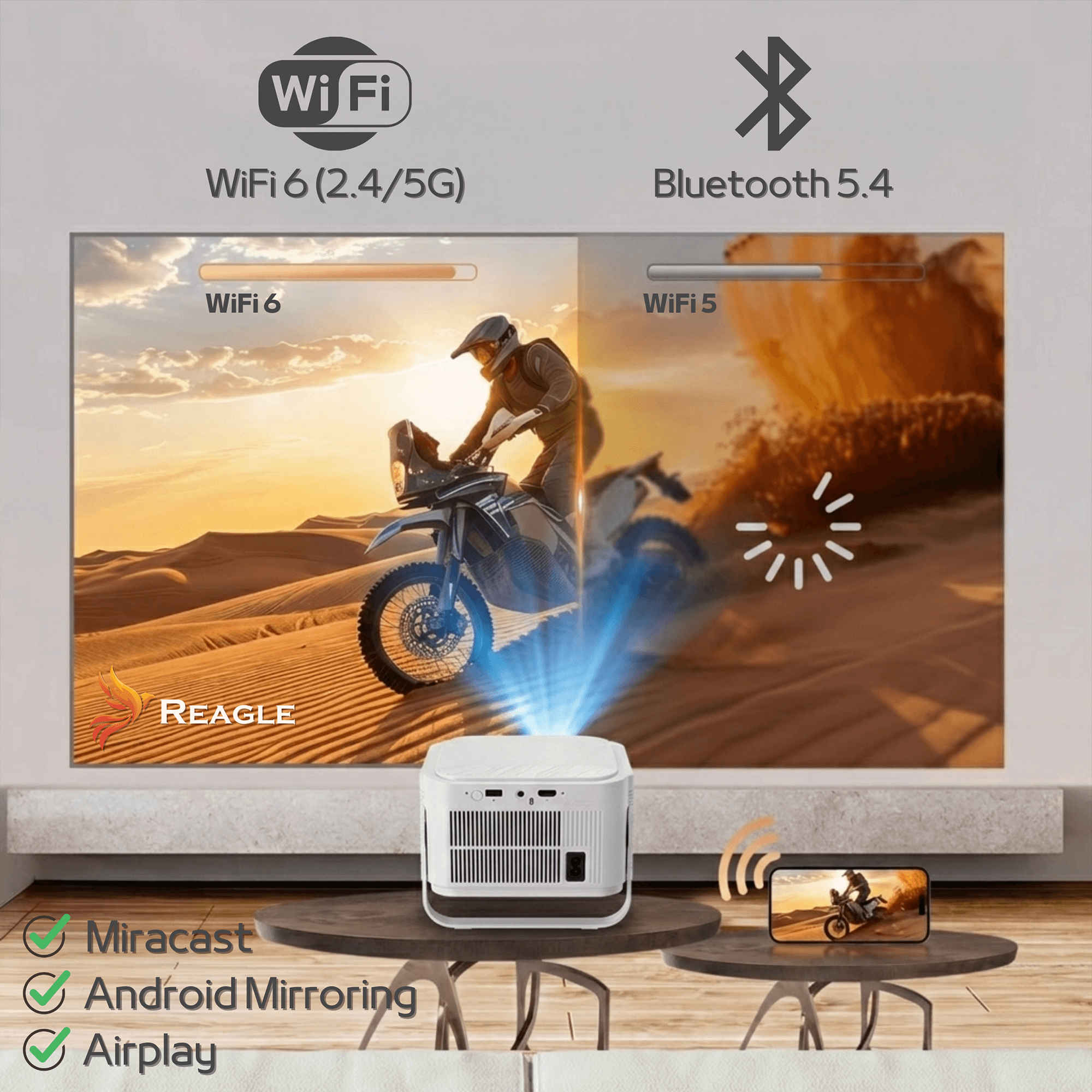 Projektor wyświetla obraz motocyklisty na pustyni na ekranie.