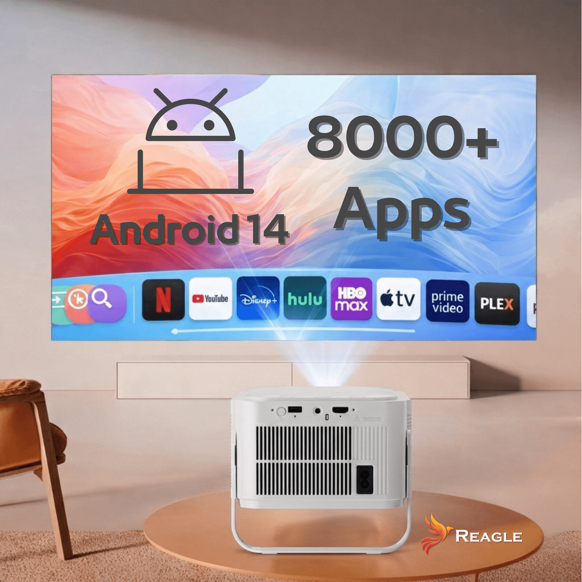 Projektor wyświetla Android 14 i ponad 8000 aplikacji na ekranie.