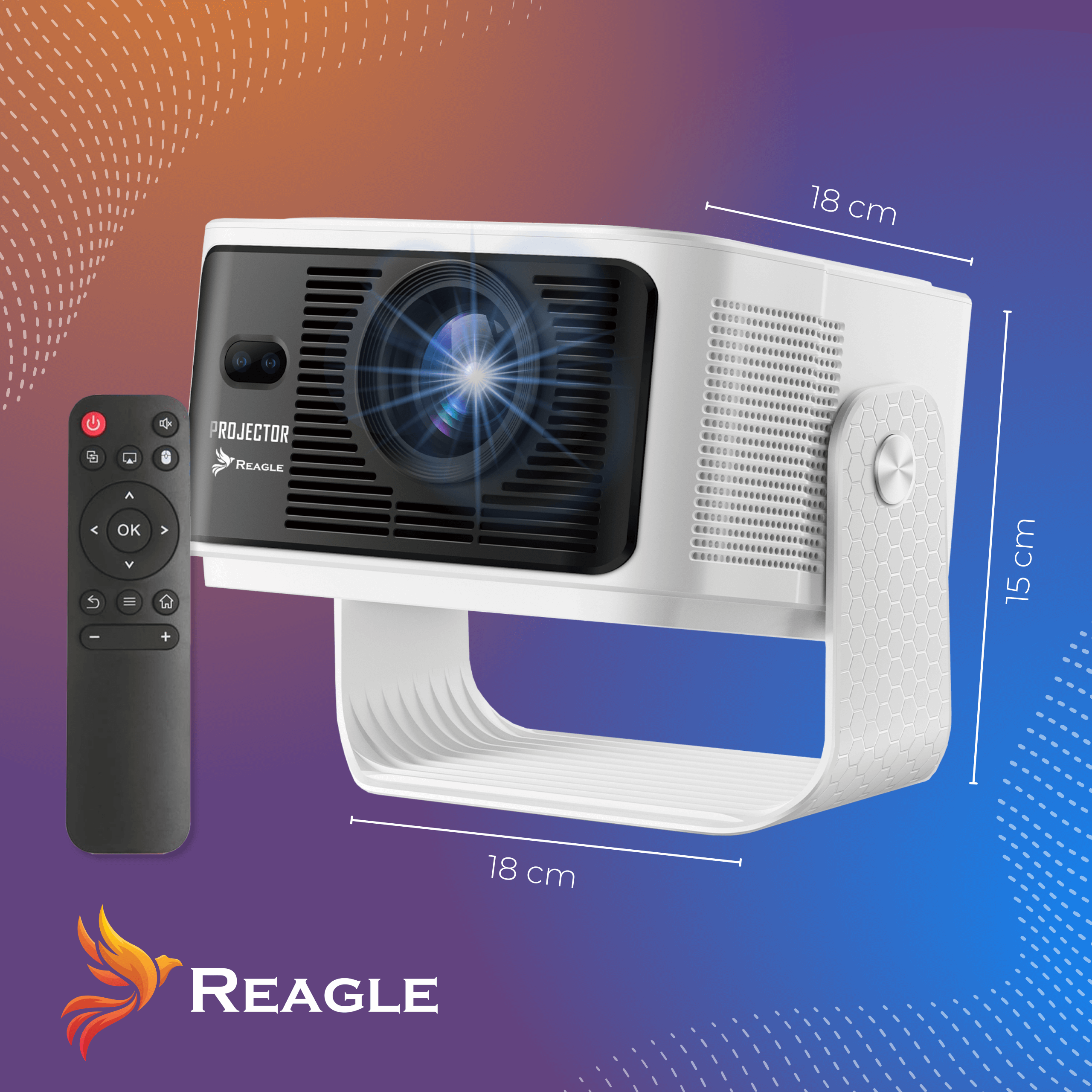 Biały projektor z pilotem, wymiary 18x15x18 cm.