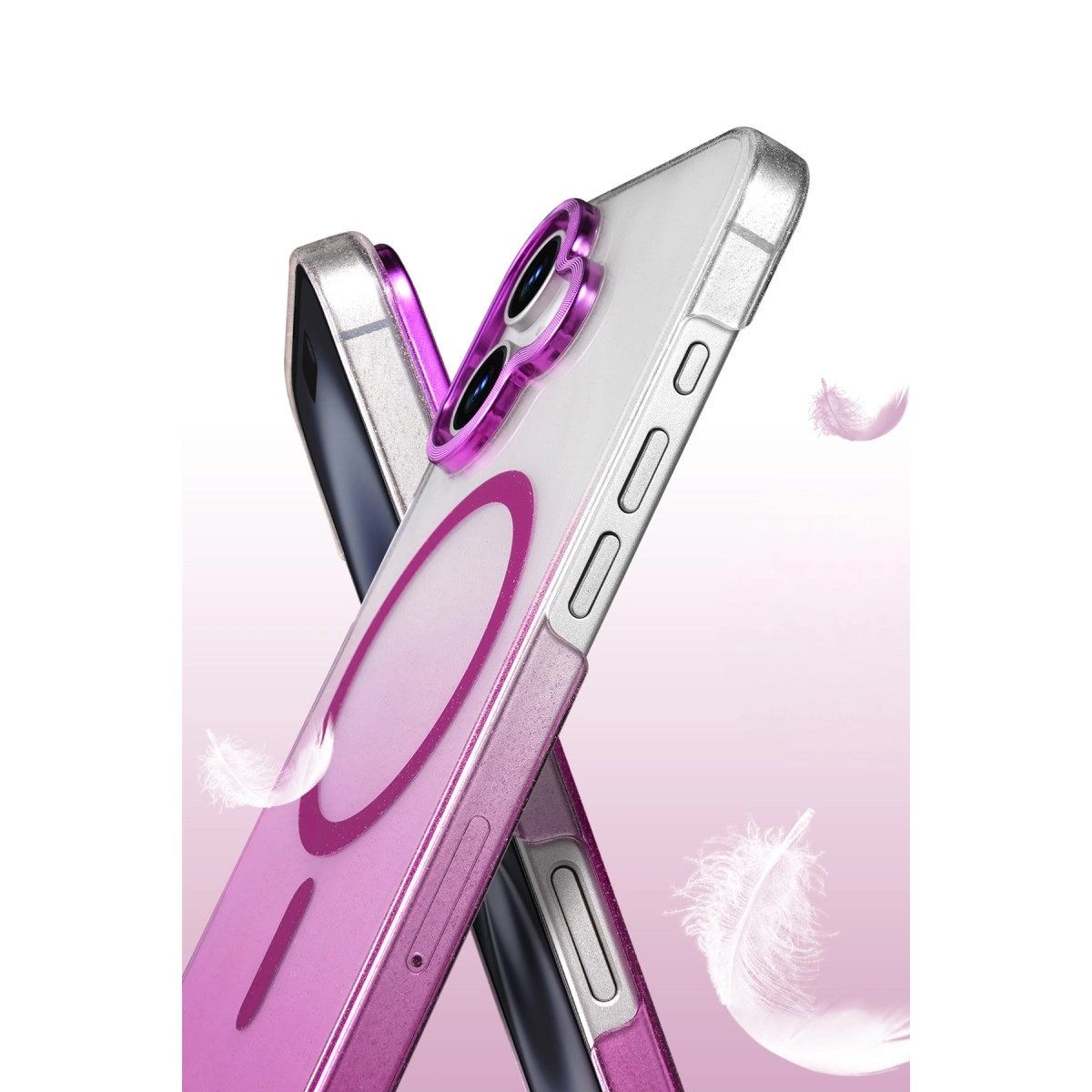 Pembe simli şeffaf kılıf ve pembe kamera çerçevesi, iki telefon.