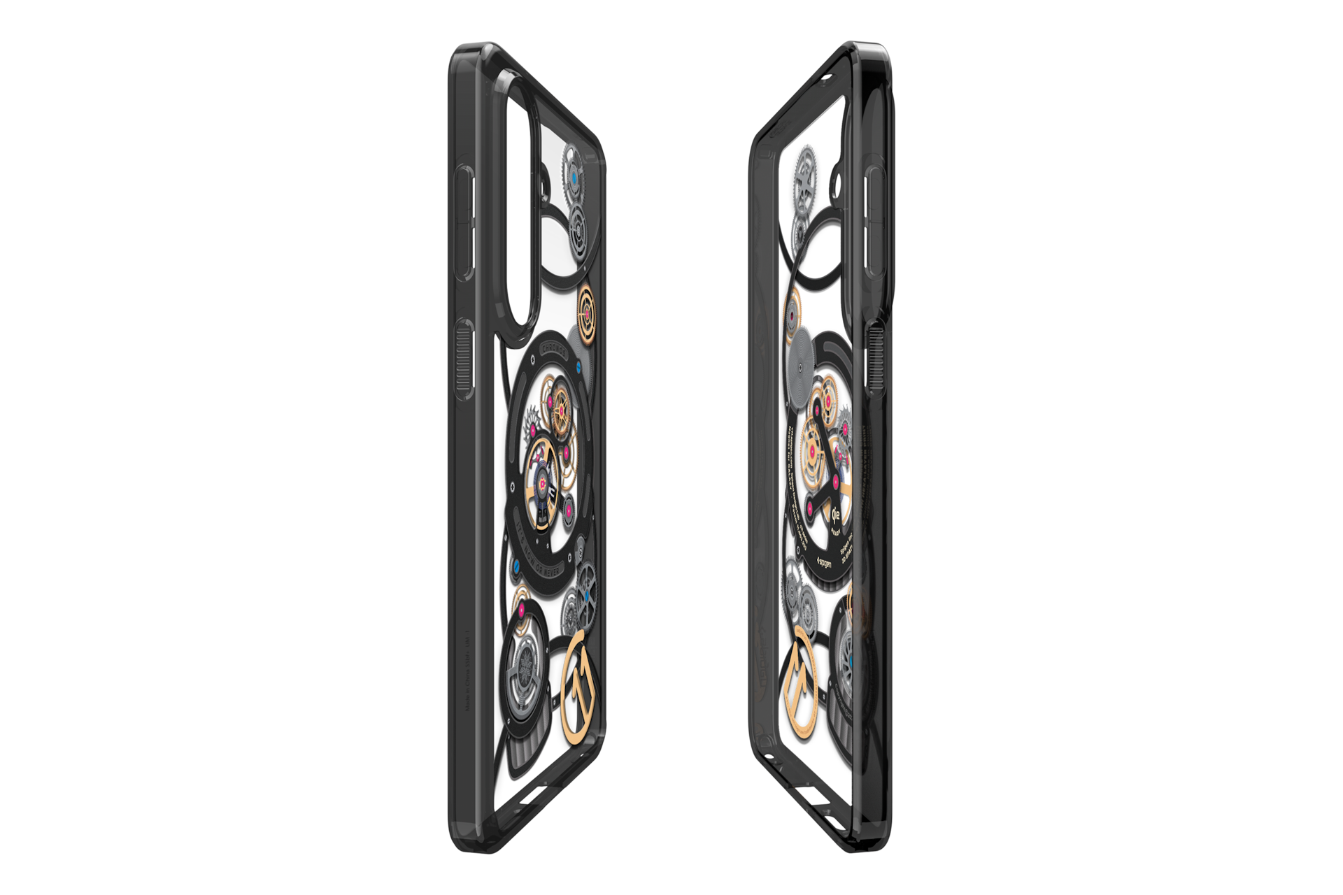 Zwei schwarze Handyhüllen mit mechanischem Uhrwerk-Design auf schwarzem Hintergrund.
