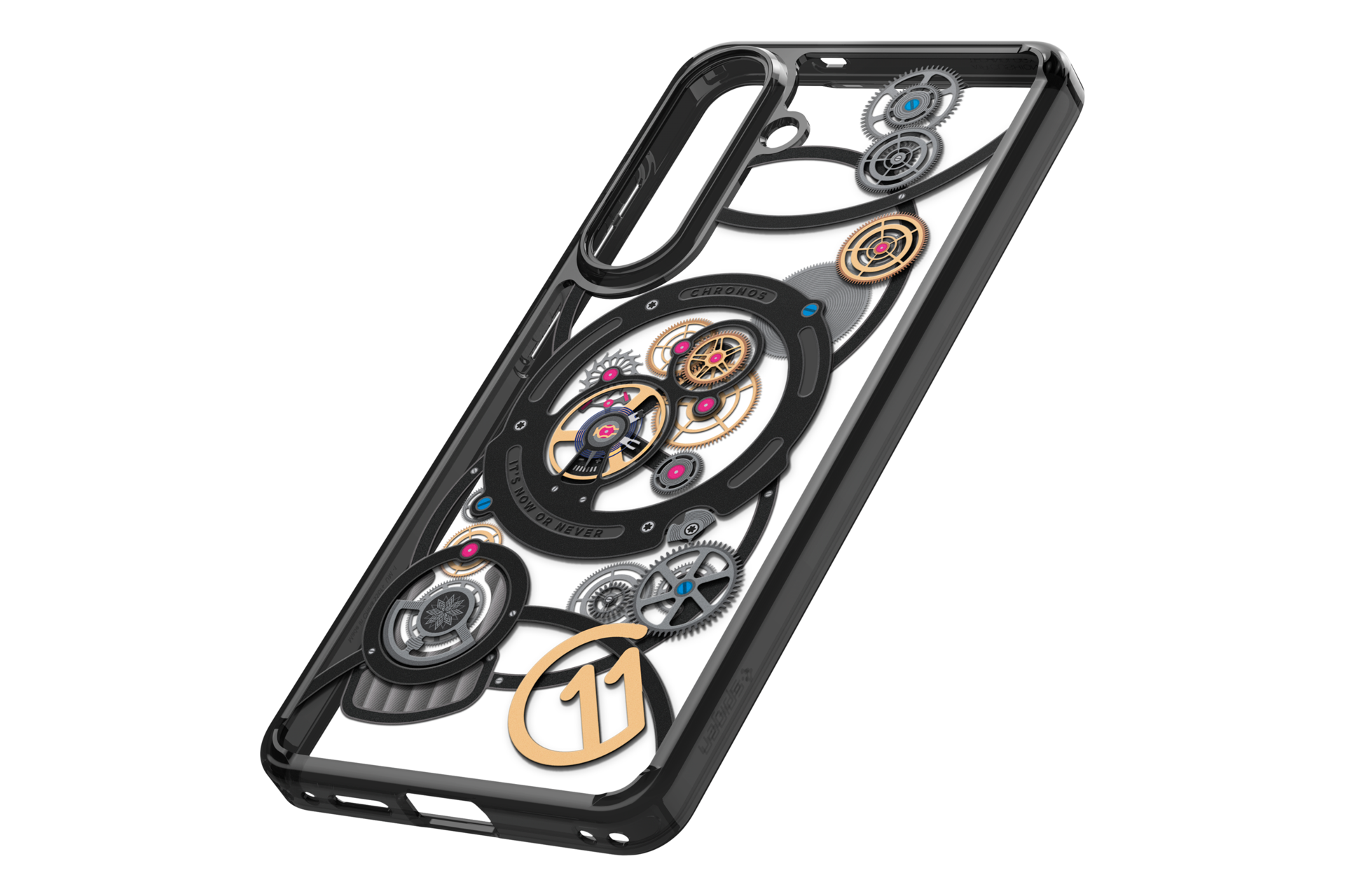 Schwarze Handyhülle mit detailliertem Uhrwerk-Design, Zahnrädern und der Zahl 11.