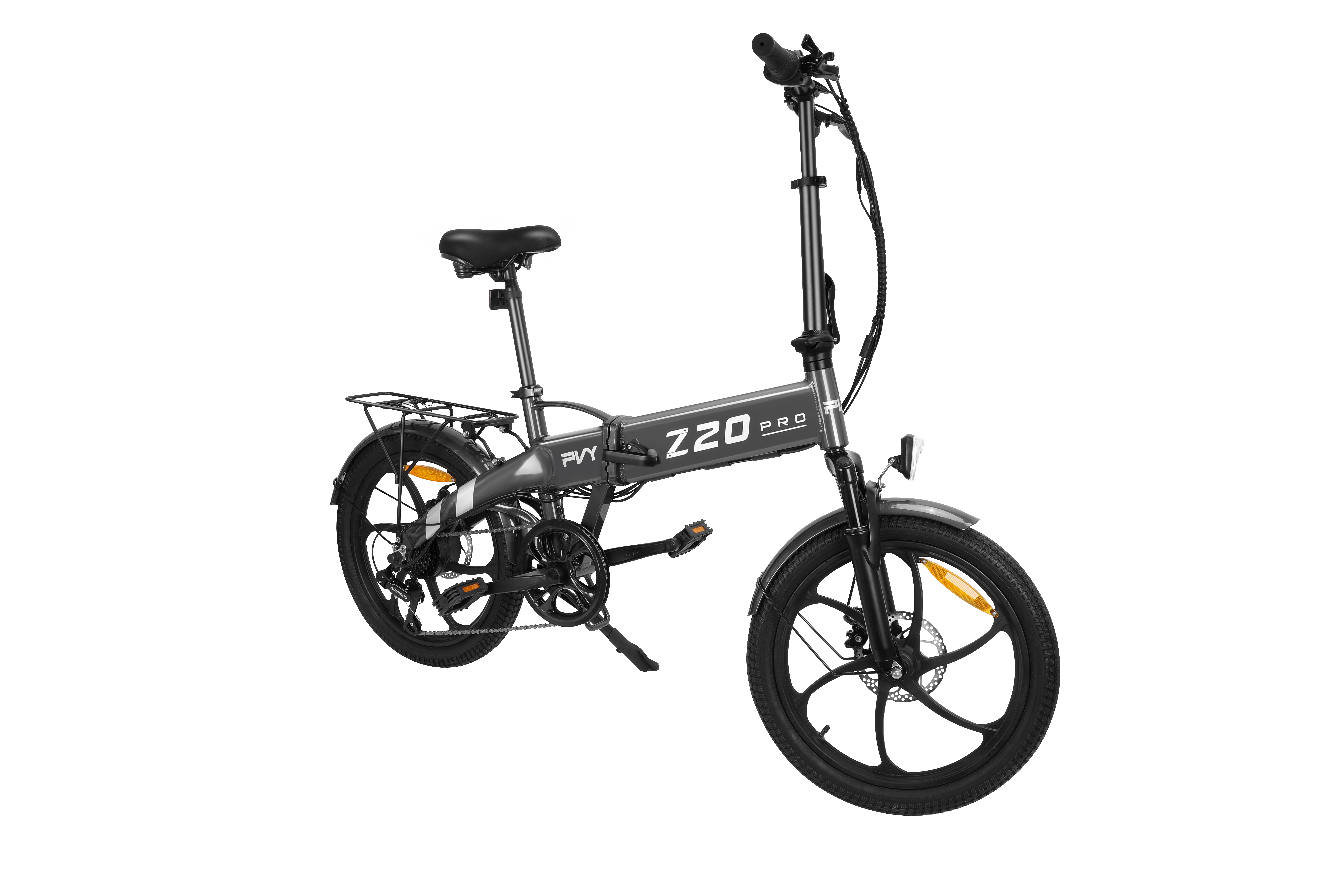 Szary rower elektryczny składany z bagażnikiem, napis Z20 PRO.