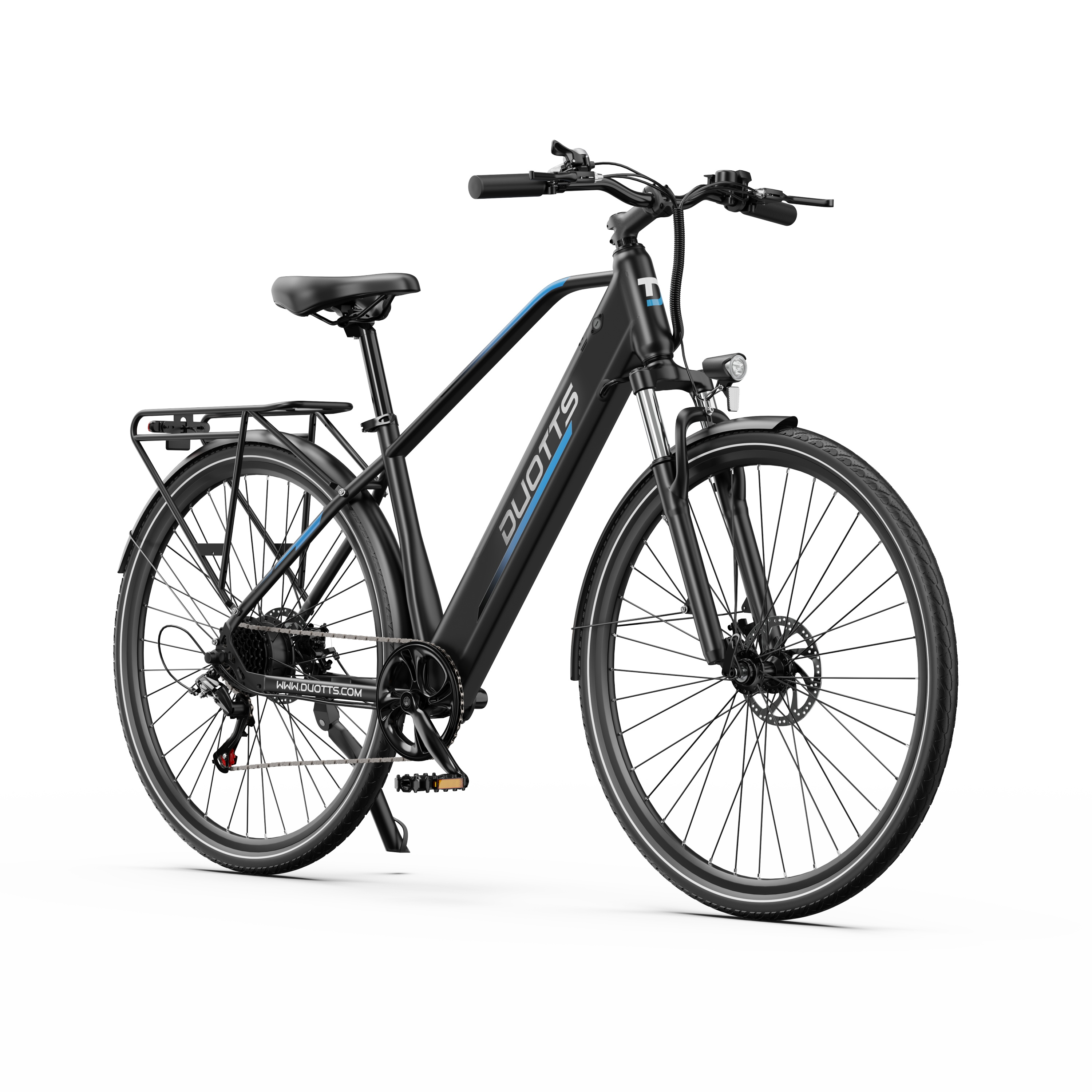 Bicicleta eléctrica negra con portaequipajes, luz delantera y detalles azules.