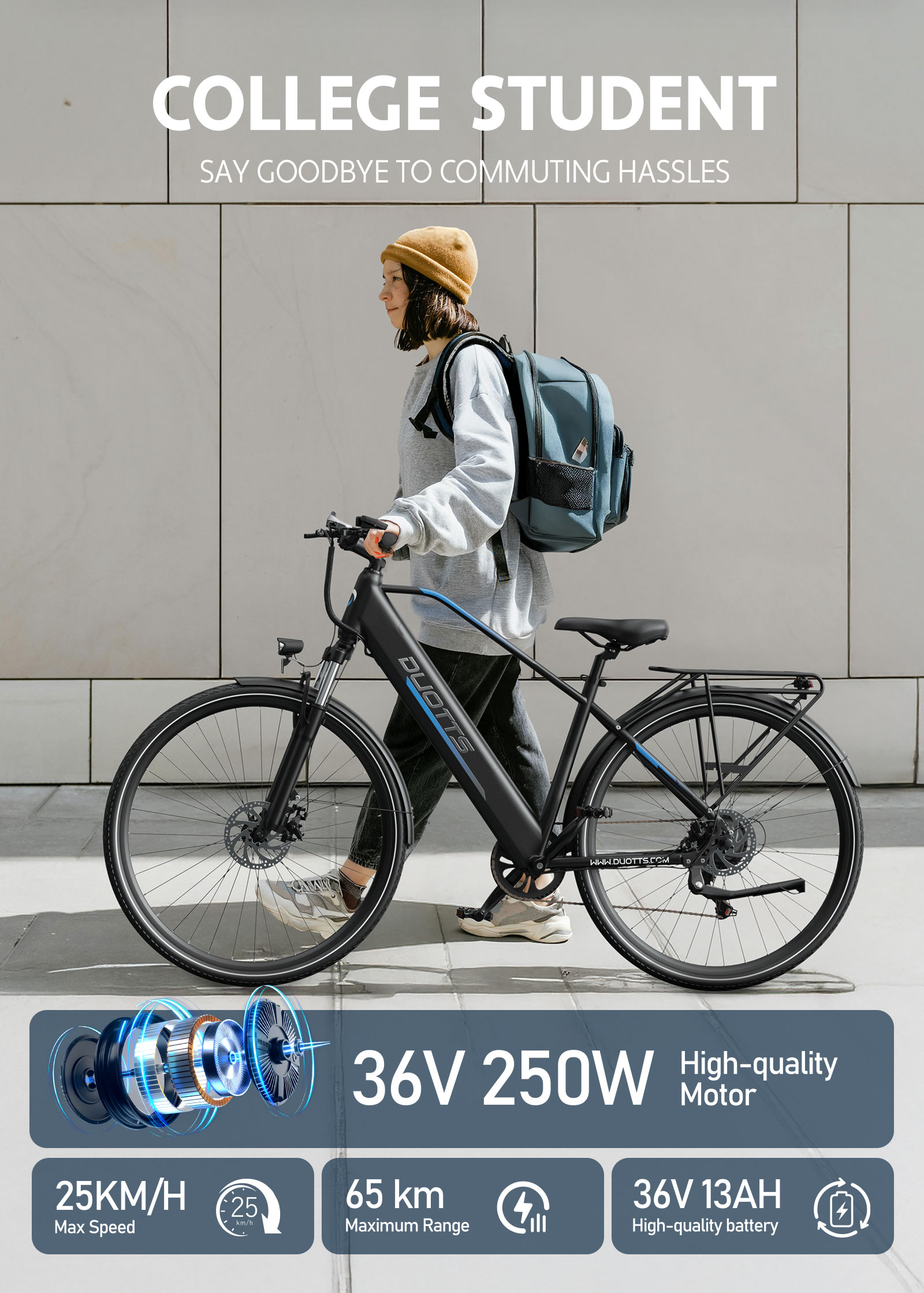Estudiante con e-bike, anunciando 36V 250W, 25 km/h, 65 km de autonomía.