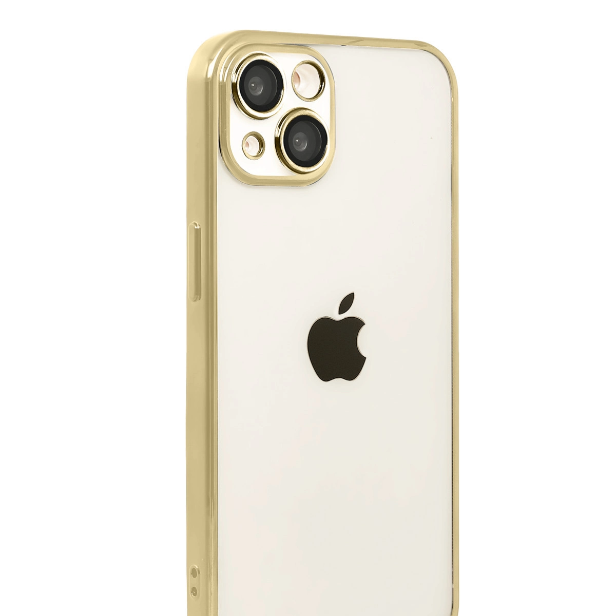 Beyaz arka plan üzerinde üç kameralı altın rengi iPhone ve Apple logosu.