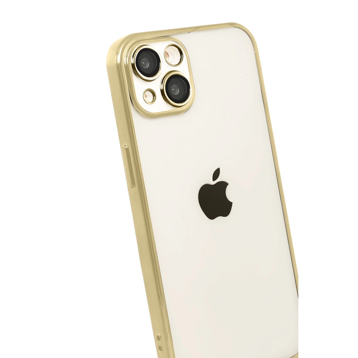 Beyaz arka plan üzerinde Apple logosu ve kamera modülü bulunan altın iPhone.