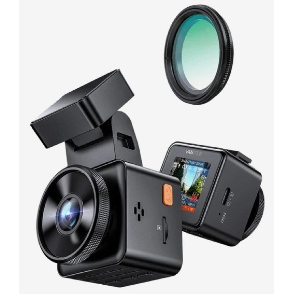 Dwie czarne kamery z obiektywem, jedna pokazuje scenę uliczną na ekranie.