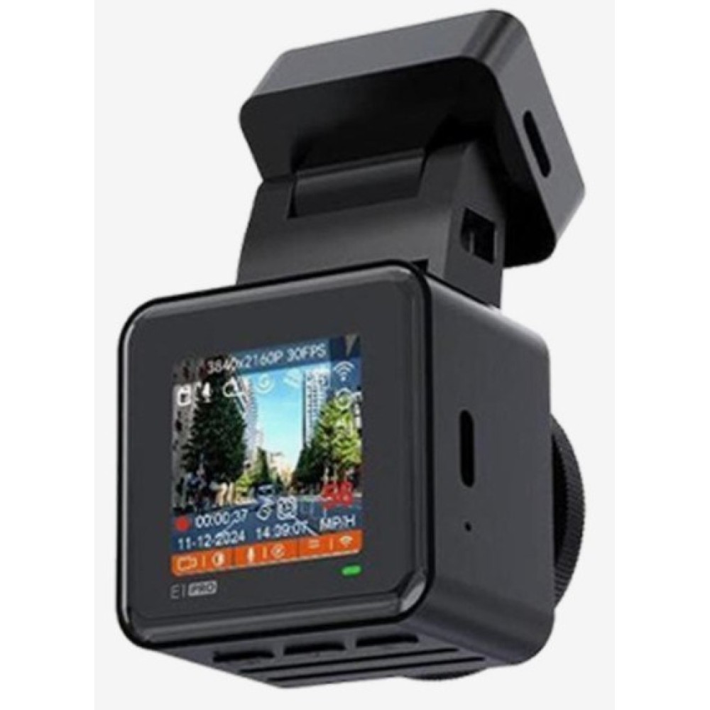 Czarna kamera samochodowa z ekranem wyświetlającym scenę uliczną.