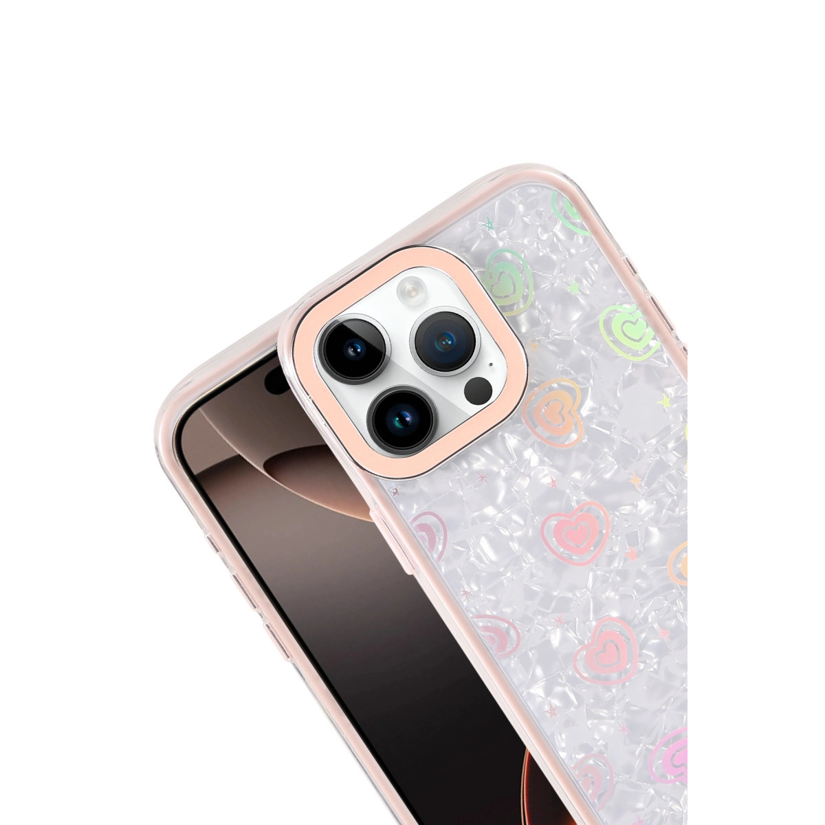 Kalpler ve yıldızlarla süslü beyaz telefon kılıfı, pembe kenarlıkla çevrili.