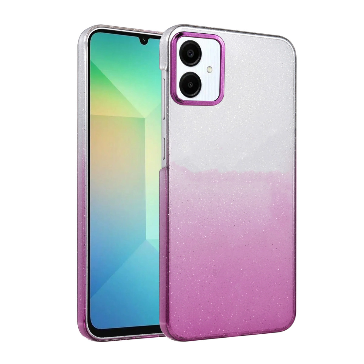 Simli pembe ve beyaz geçişli kasaya sahip bir akıllı telefon.