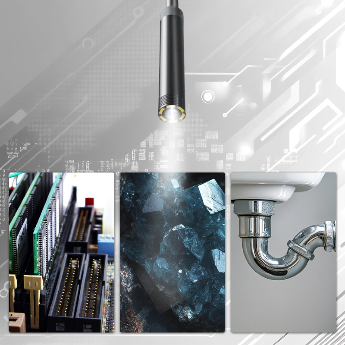 Endoskop oświetla chipy komputerowe, kryształy i syfon.