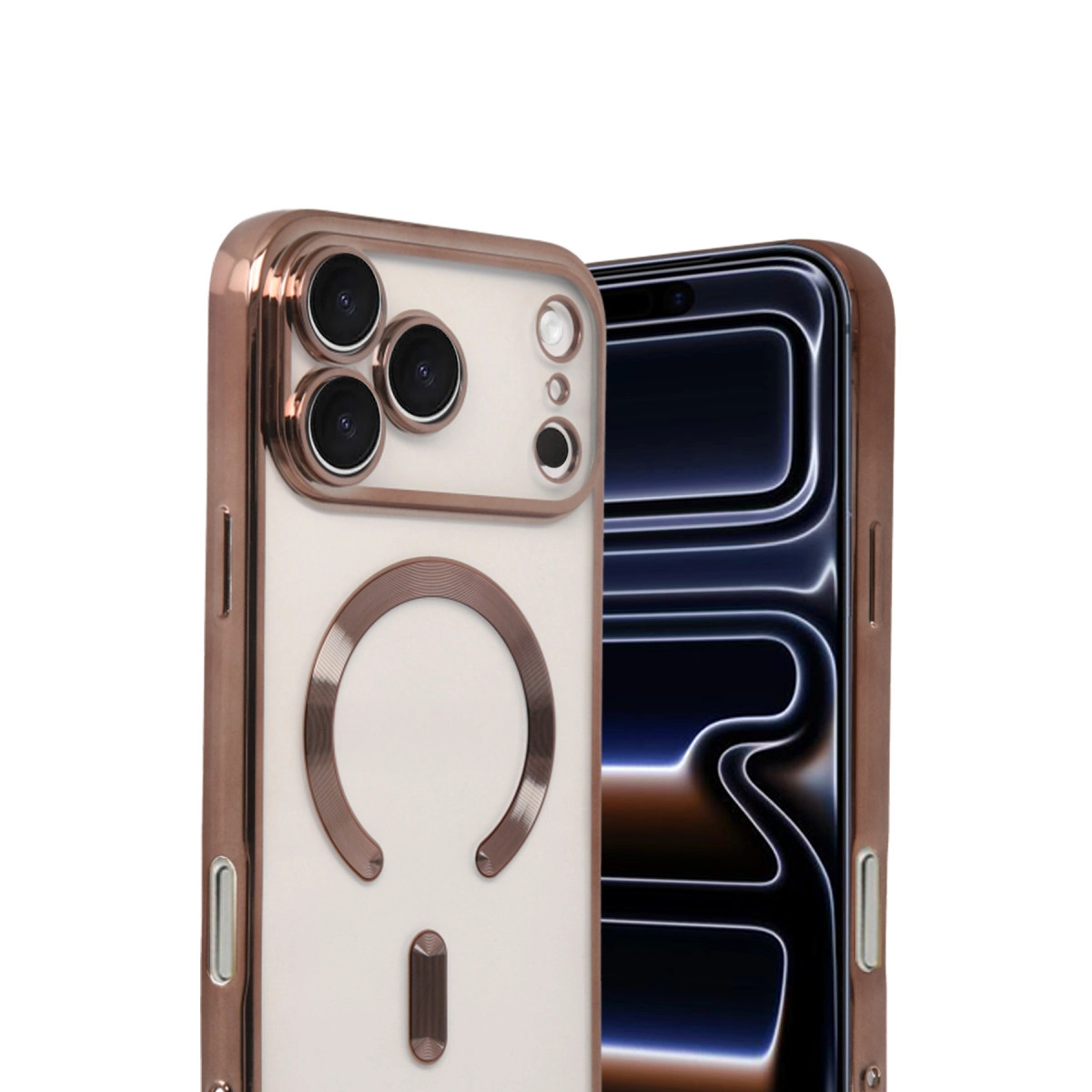 Bakır çerçeveli iki iPhone. Biri üç kameralı arka yüzünü, diğeri ekranını gösteriyor.