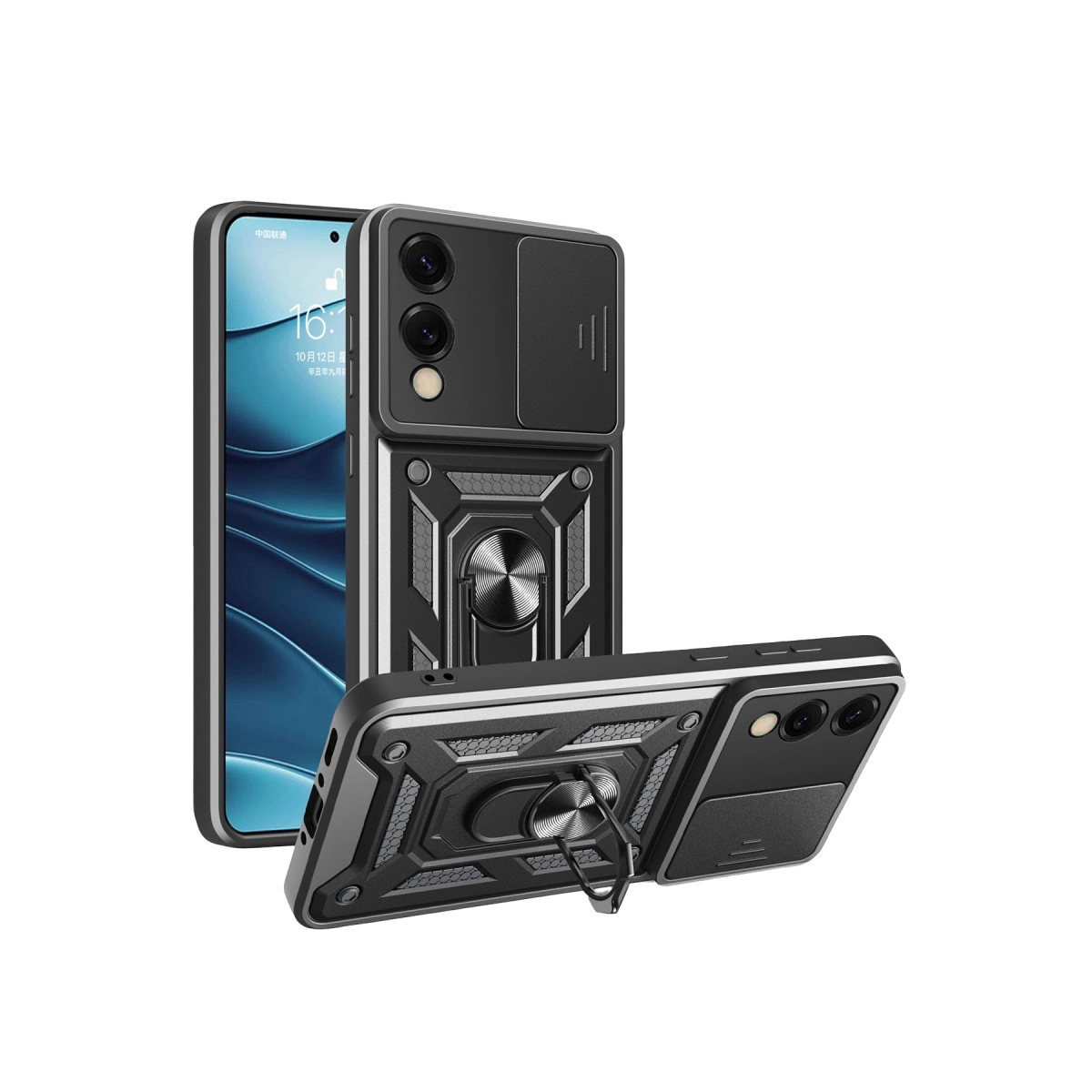 Halka tutuculu ve kayar kapaklı siyah telefon kılıfı.