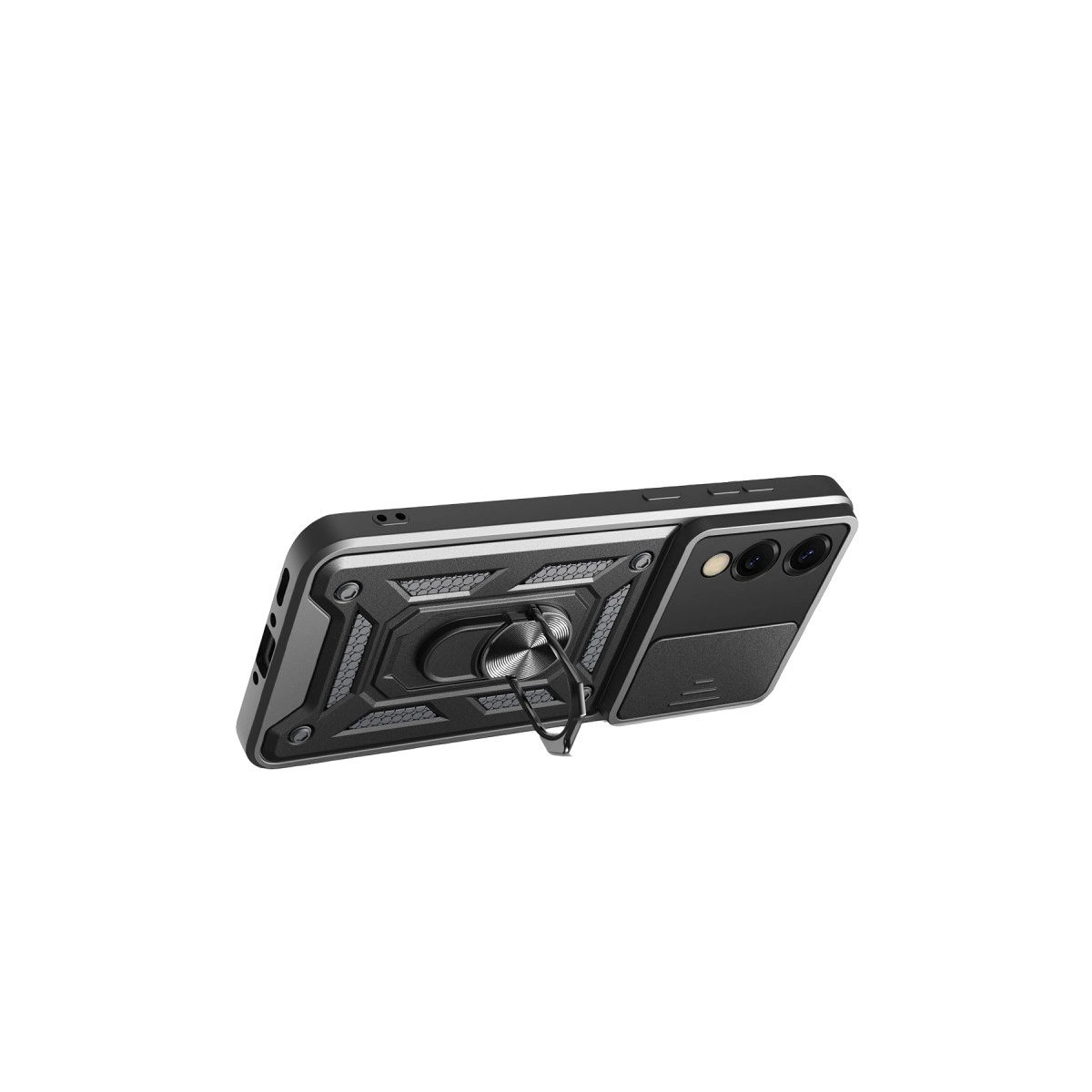 Halka tutuculu ve kamera kapaklı siyah telefon kılıfı.