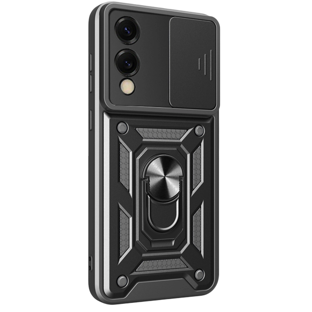 Kamera kapaklı, halka tutuculu, dokulu detaylı siyah telefon kılıfı.
