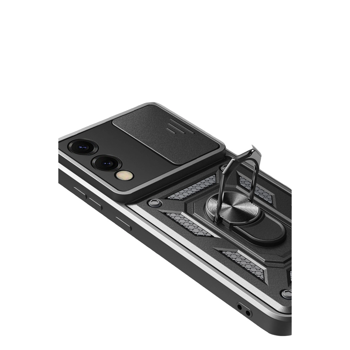 Kamera kapaklı ve halka tutuculu siyah telefon kılıfı.
