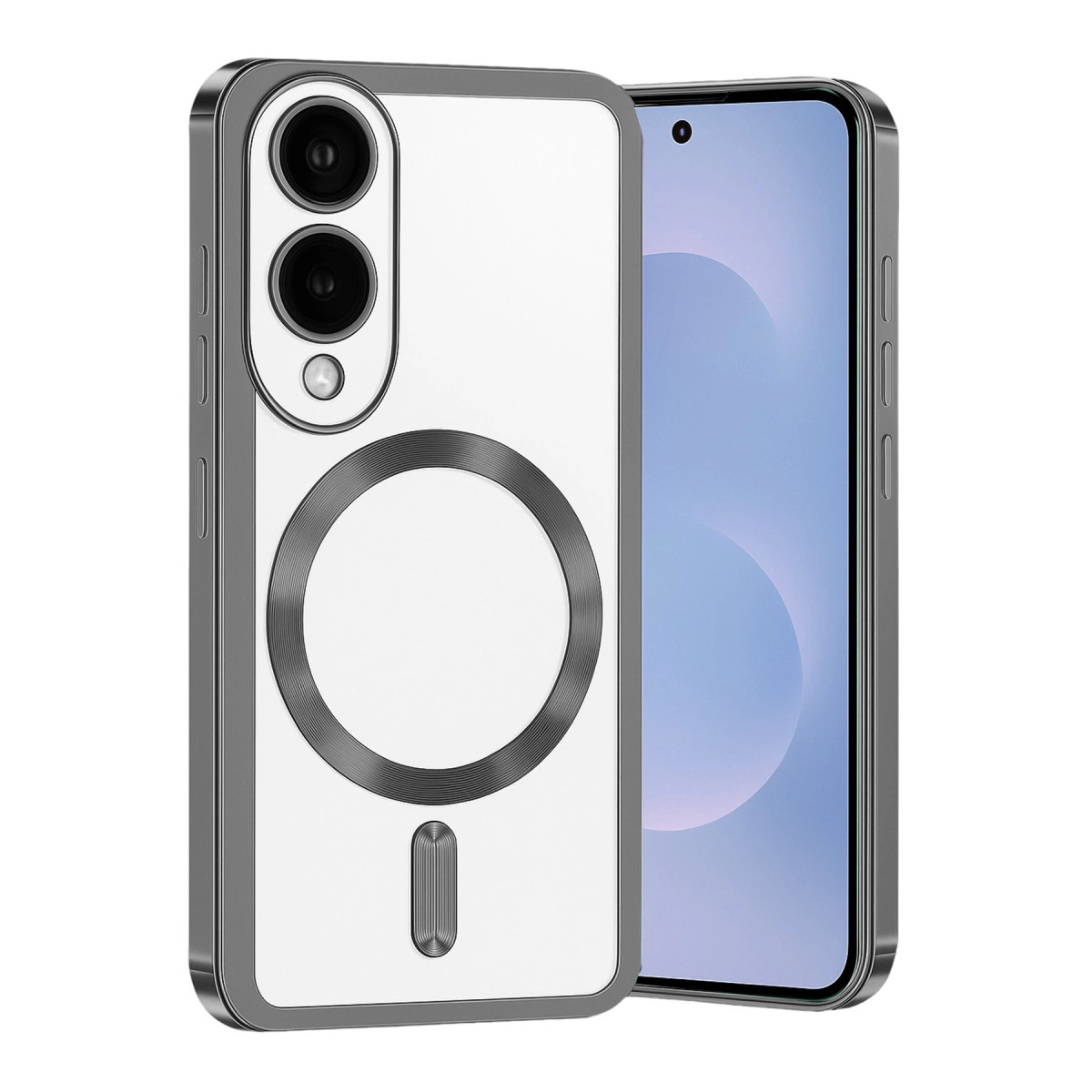 Mıknatıslı halkalı şeffaf telefon kılıfı ve yanında telefon.
