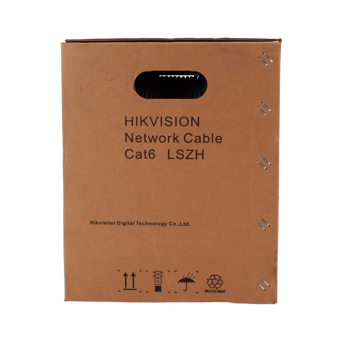 Brown Hikvision Network Cable Cat6 LSZH box with handle and symbols.