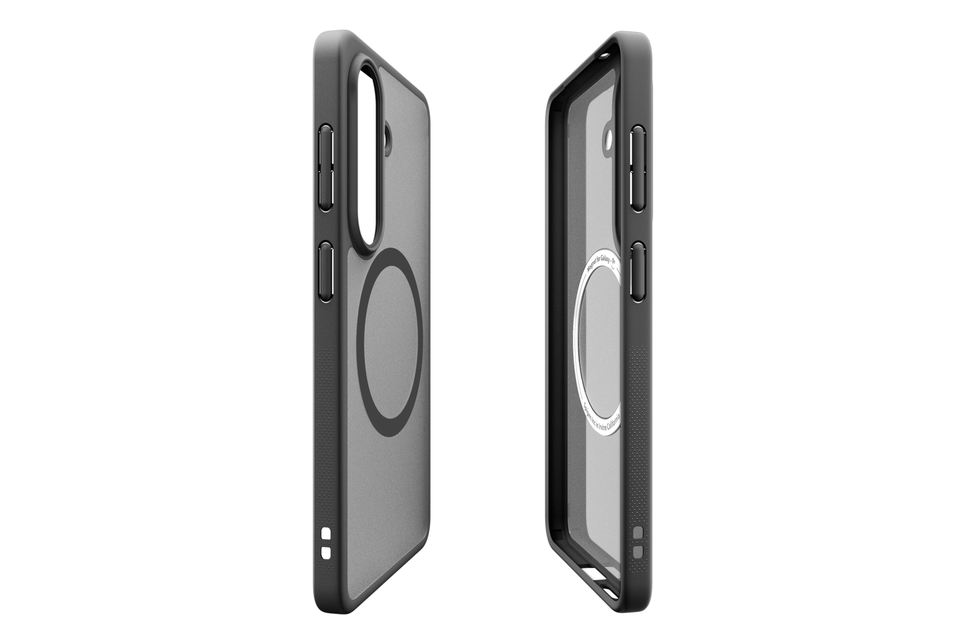 Due custodie trasparenti per telefono con bordi neri e anelli magnetici.