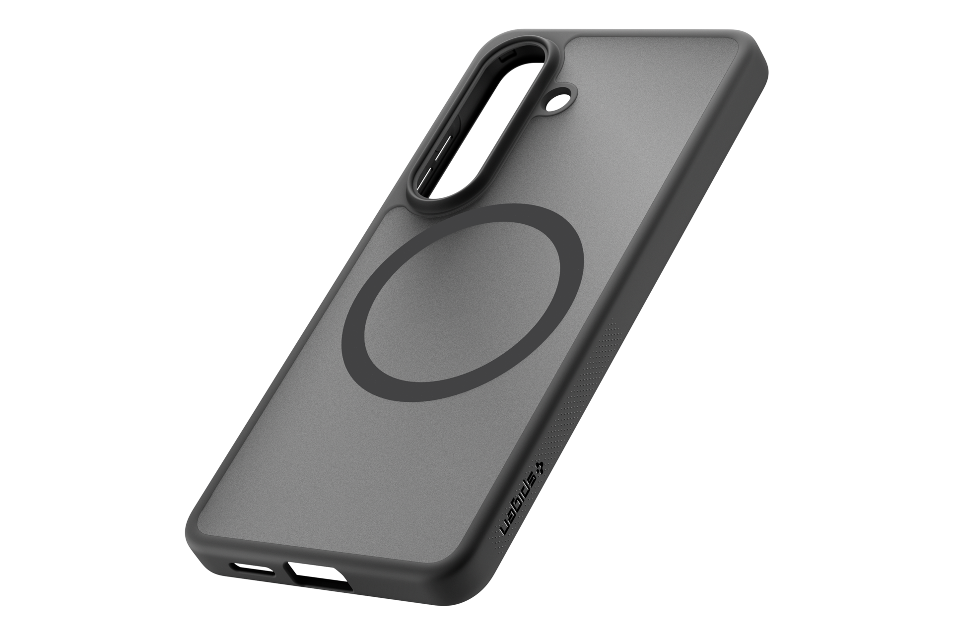 Custodia grigia per telefono con anello magnetico su sfondo nero.