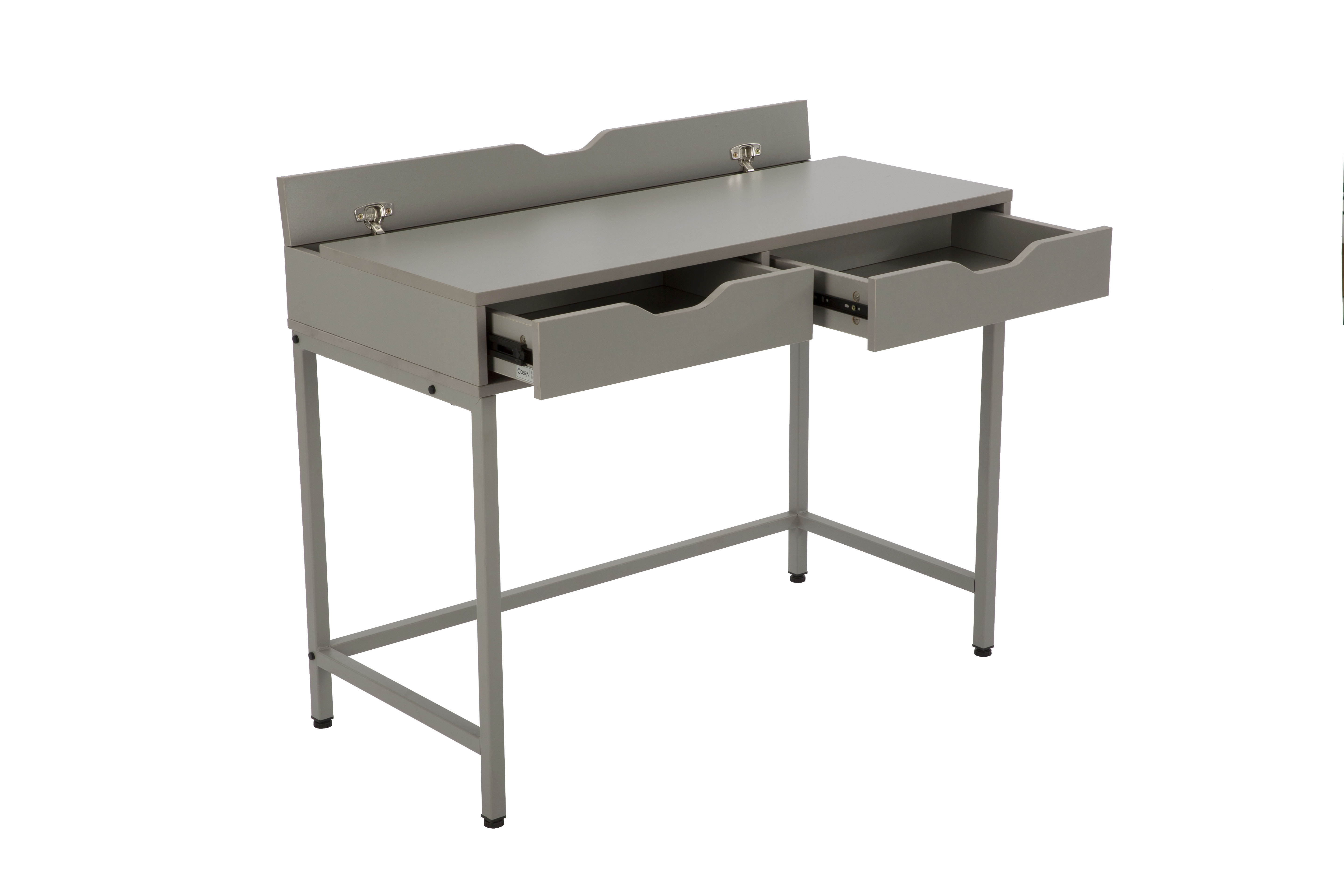 Szare biurko z otwartymi szufladami i metalowymi nogami.