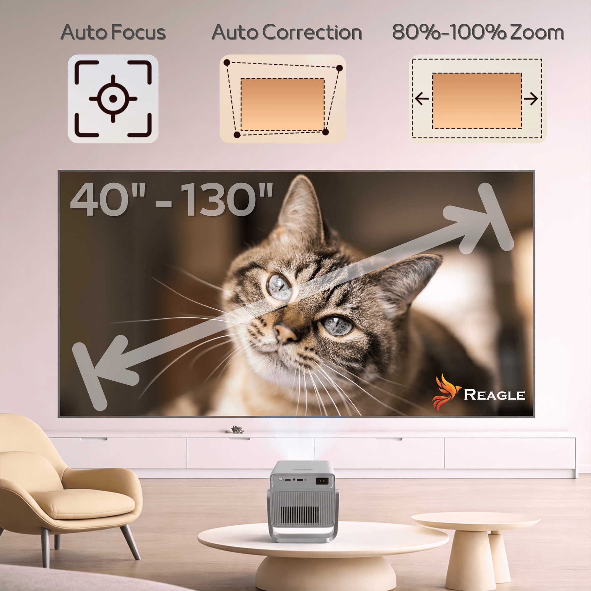 Projektor wyświetla obraz kota na ekranie. Funkcje: autofokus, korekcja, zoom.