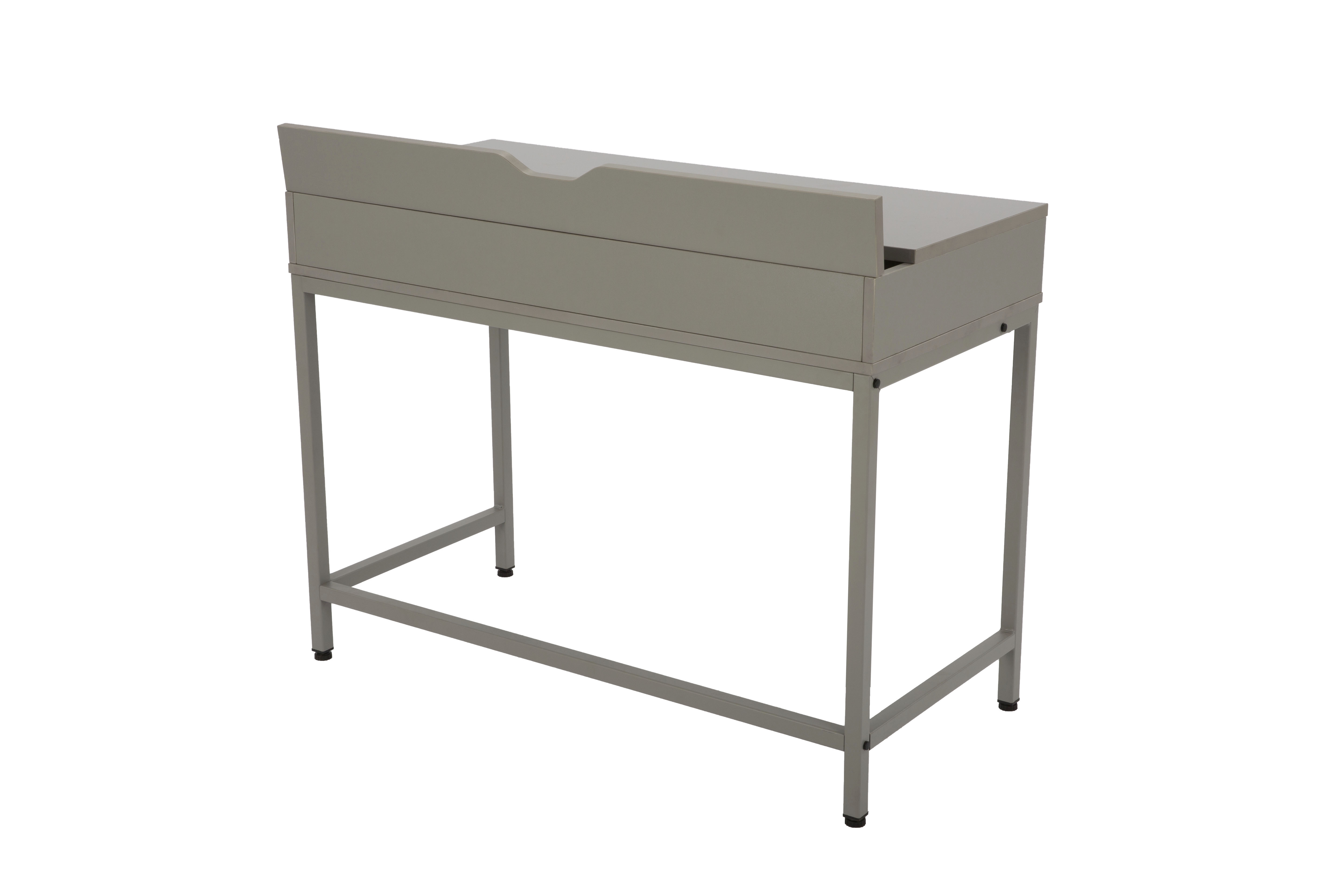 Szare biurko z metalowymi nogami i podwyższonym panelem tylnym.