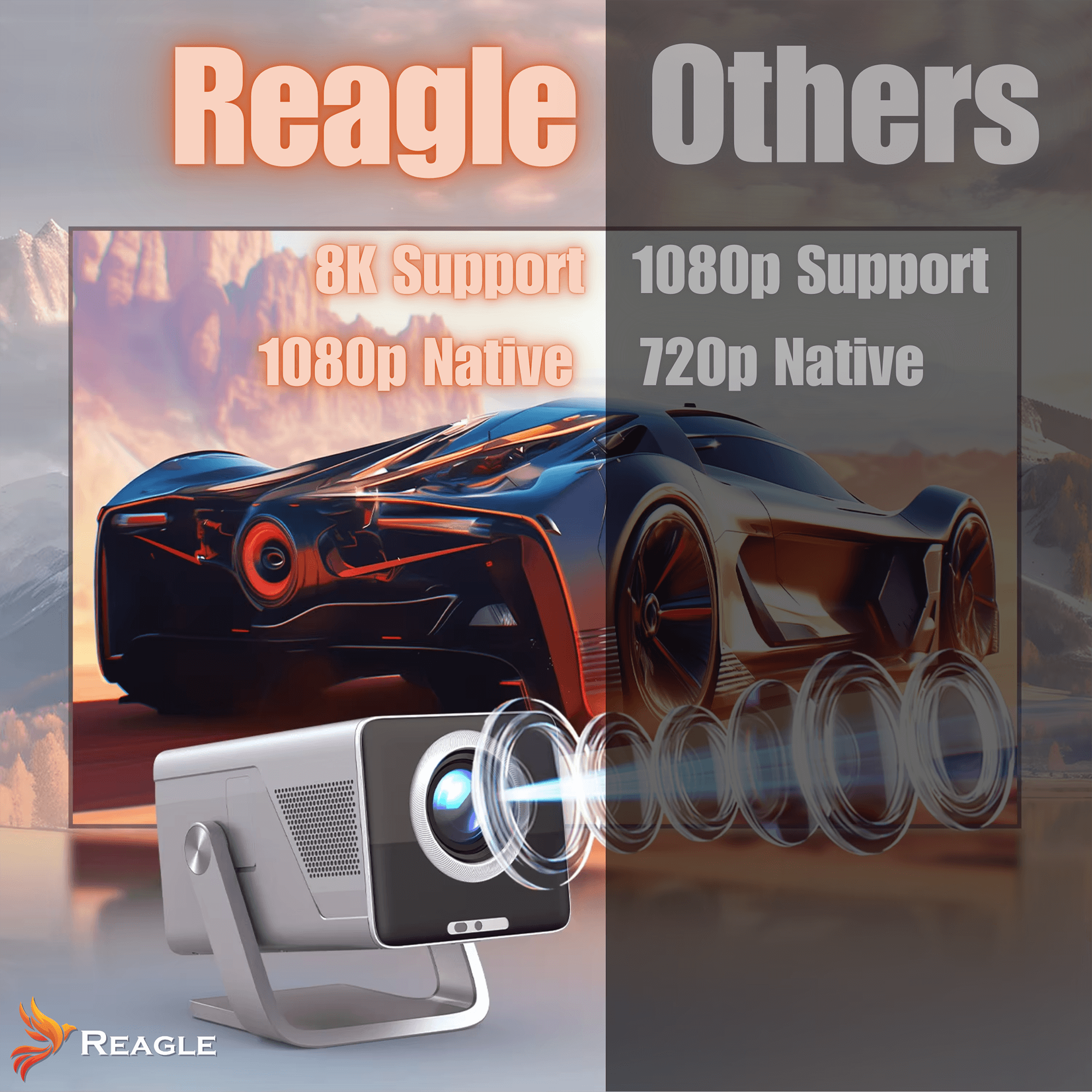 Projektor wyświetla samochód. Reagle: 8K/1080p, Inni: 1080p/720p.