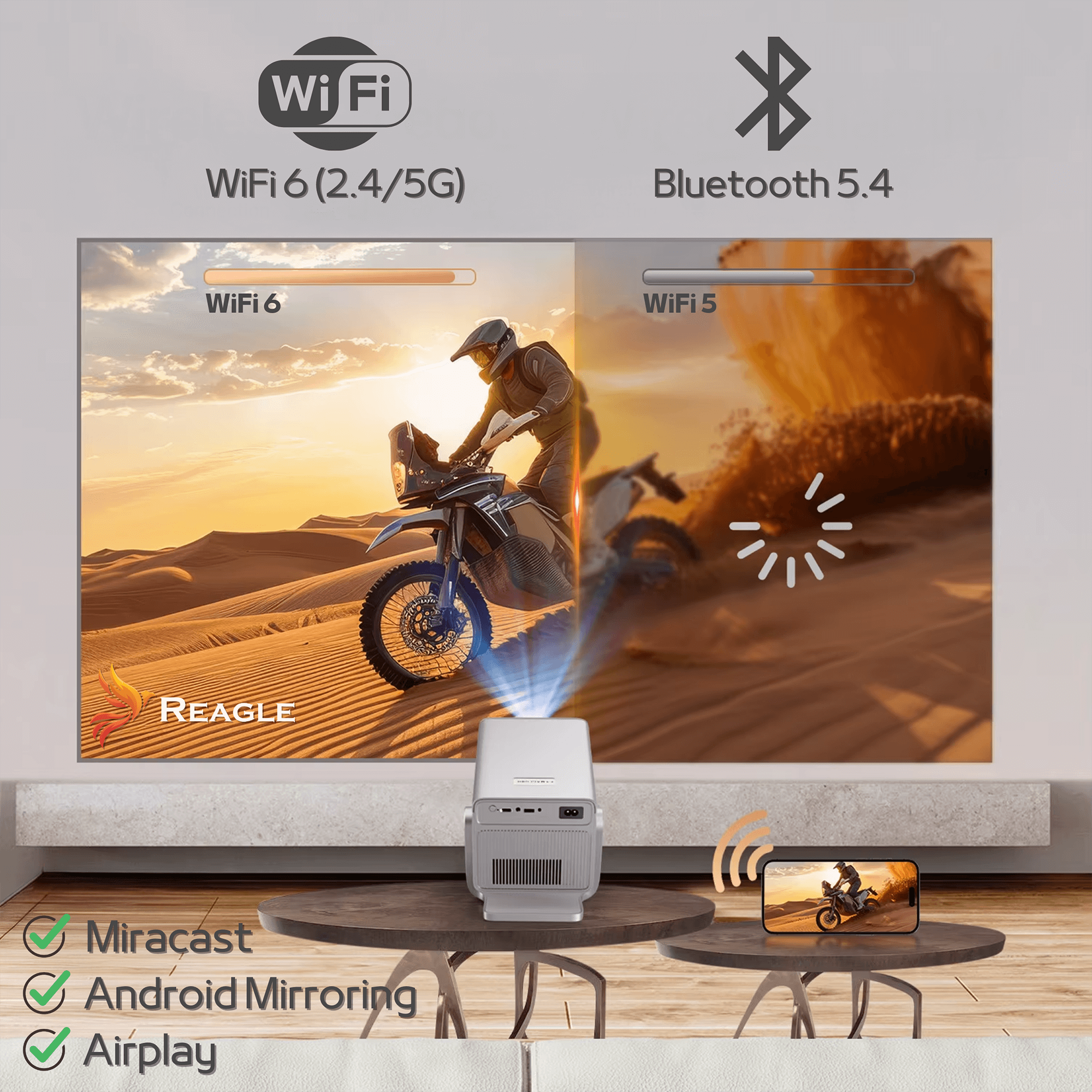 Projektor wyświetla motocyklistę na pustyni. WiFi 6 i Bluetooth 5.4.