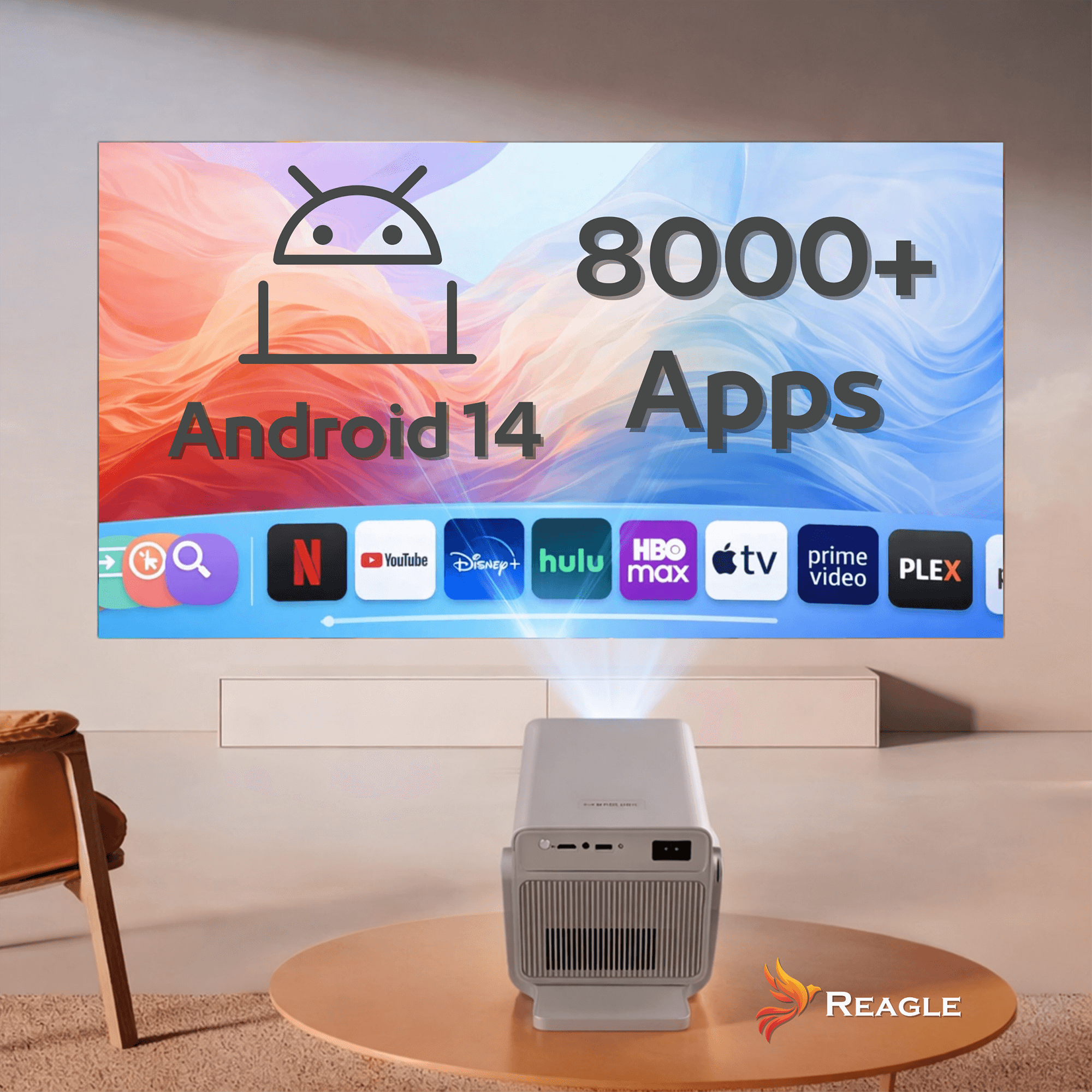 Projektor wyświetla Android 14 z 8000+ aplikacji, Netflix, YouTube, Disney+, Hulu, HBO Max, Apple TV, Prime Video, Plex.