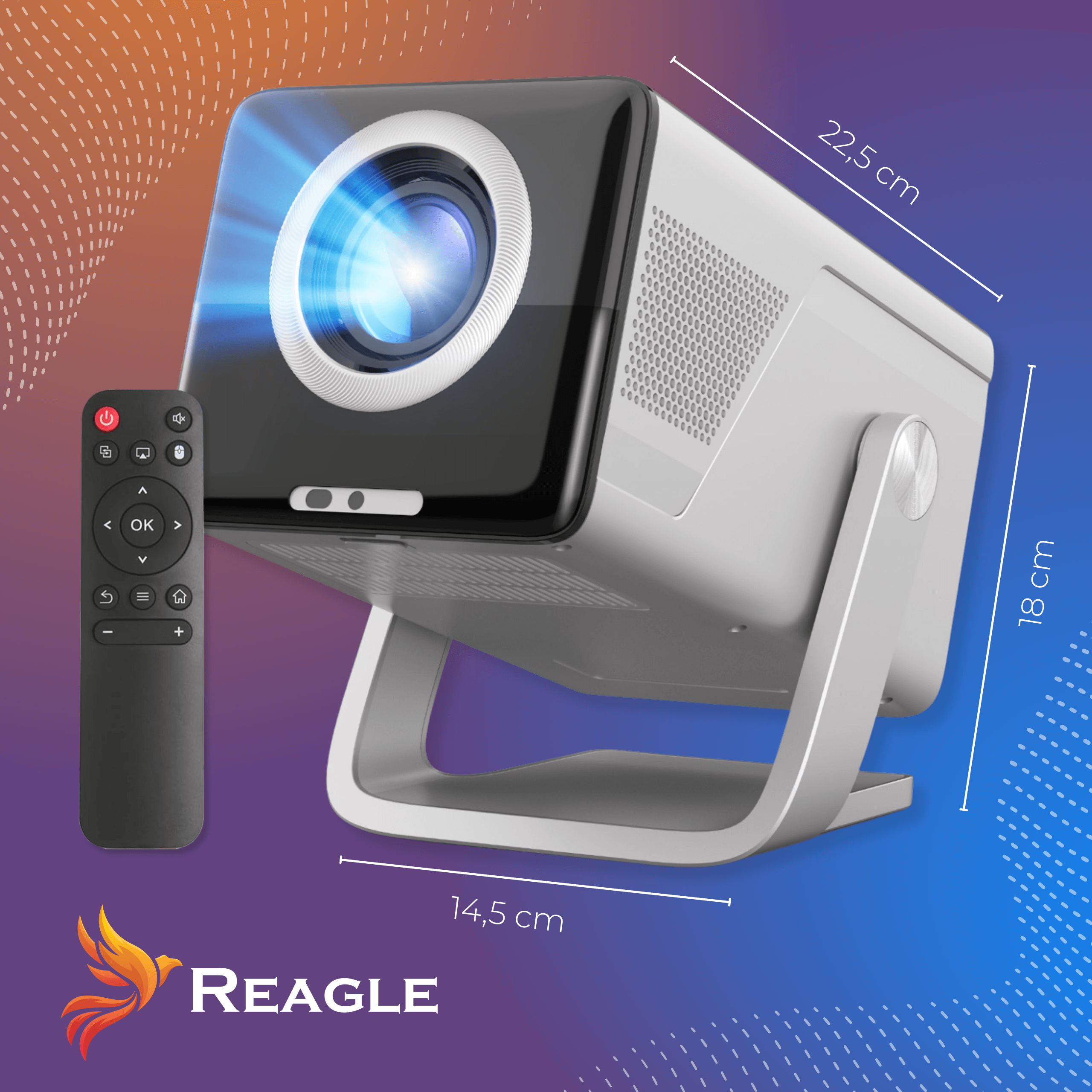 Biały projektor z pilotem, podane są wymiary.