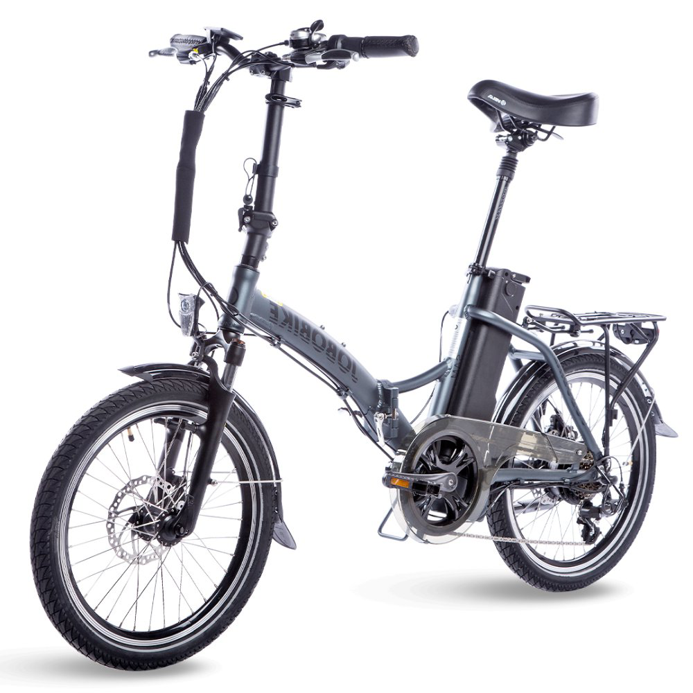 Graues faltbares Elektrofahrrad mit Gepäckträger und Akku.