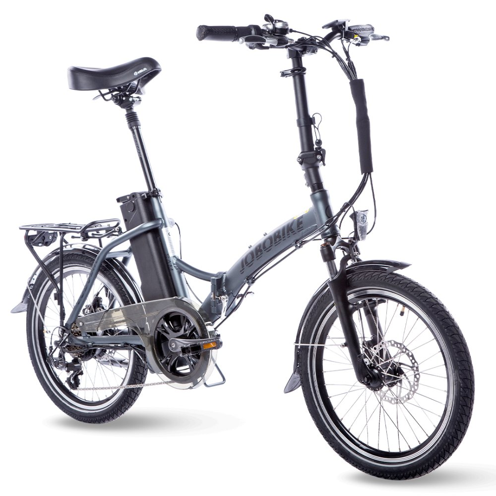 Graues faltbares Elektrofahrrad mit Gepäckträger, Akku und Scheibenbremsen.