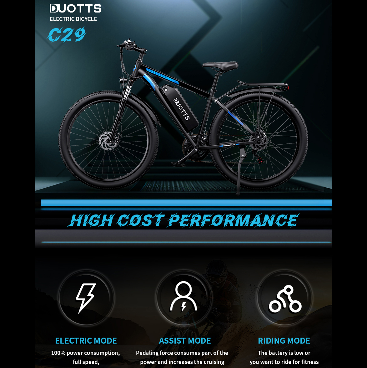 Schwarzes E-Bike C29 von DUOTTS mit blauen Akzenten, auf dunklem Hintergrund.