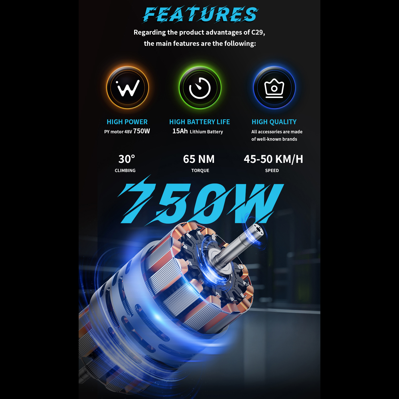 Details zu 750W Motor: 30° Steigung, 65 Nm Drehmoment, 45-50 km/h.
