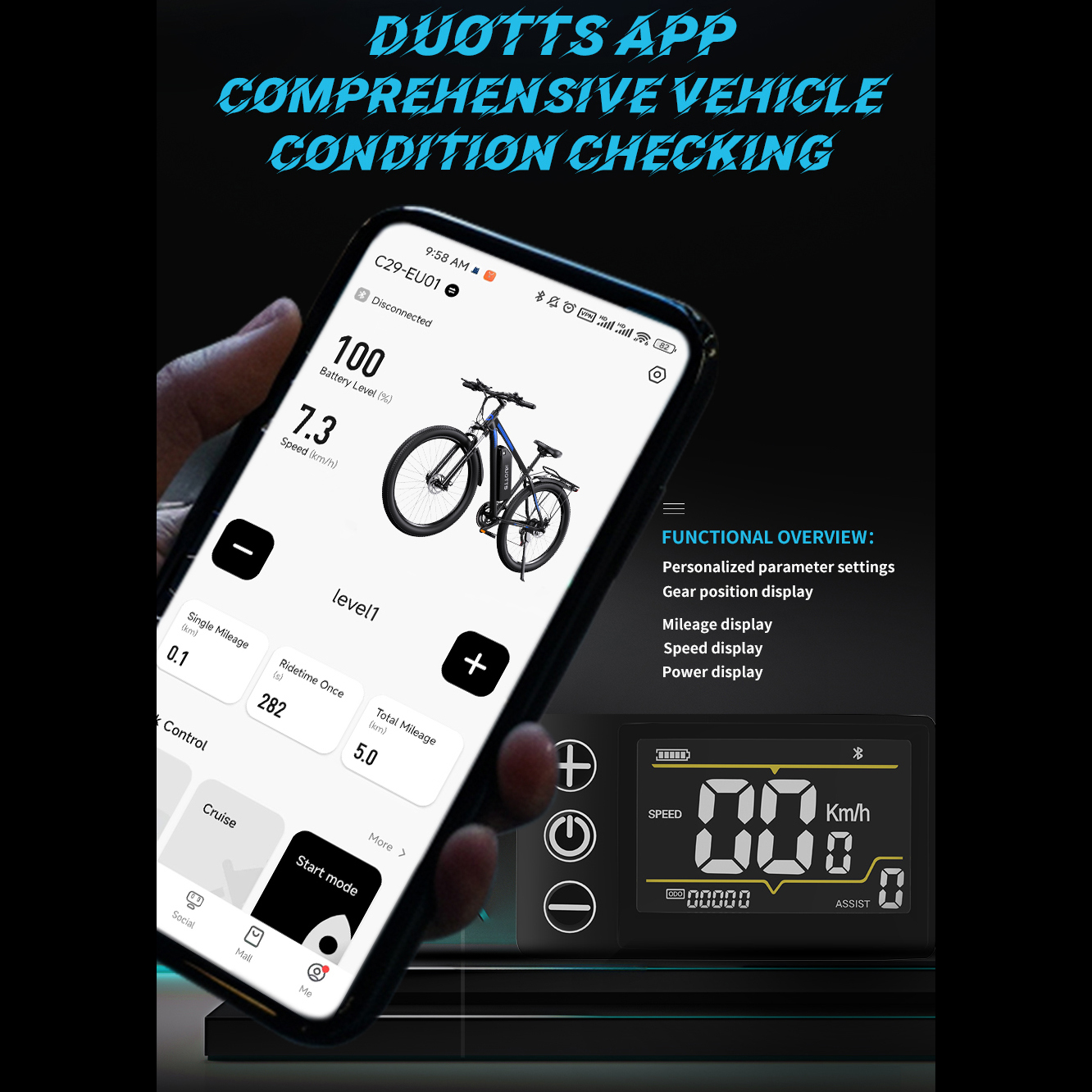Hand hält Smartphone mit E-Bike-App und Display. Überschrift: DUOTTS APP.